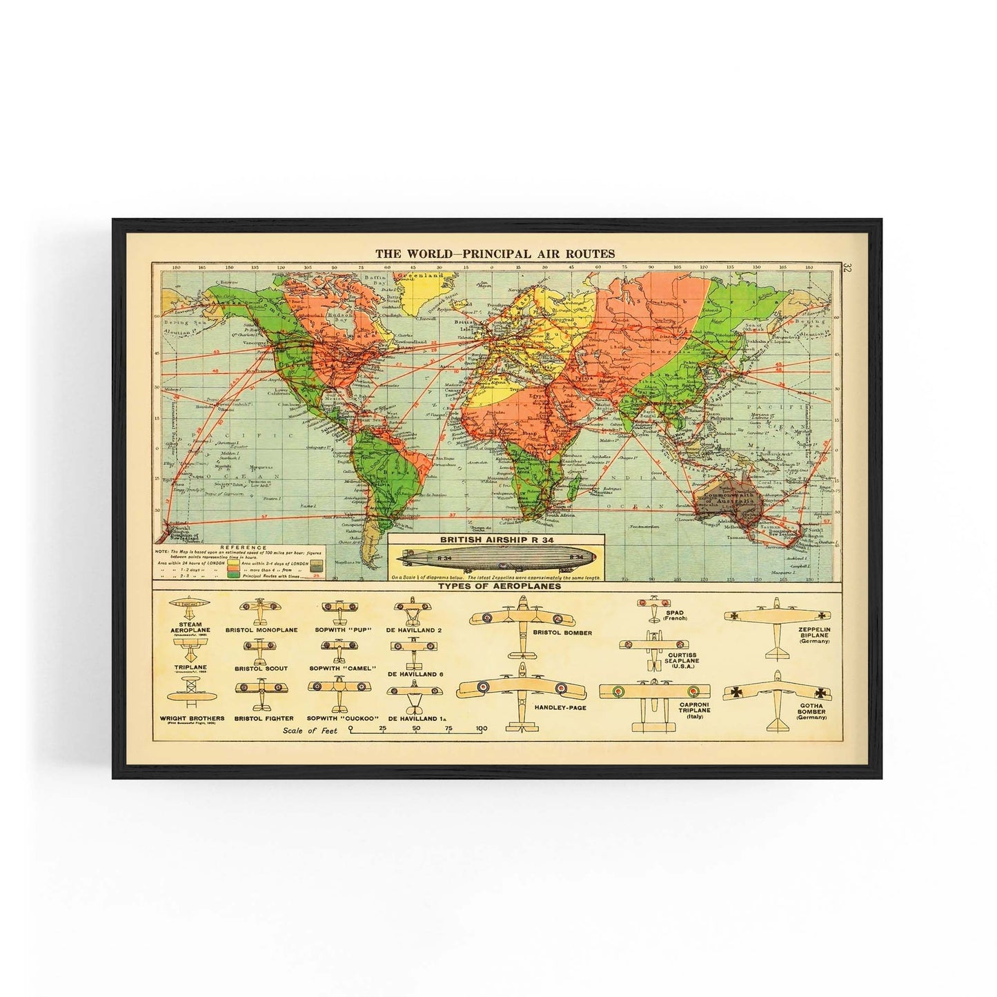 Vintage Air Routes Map Aviation Wall Art - The Affordable Art Company