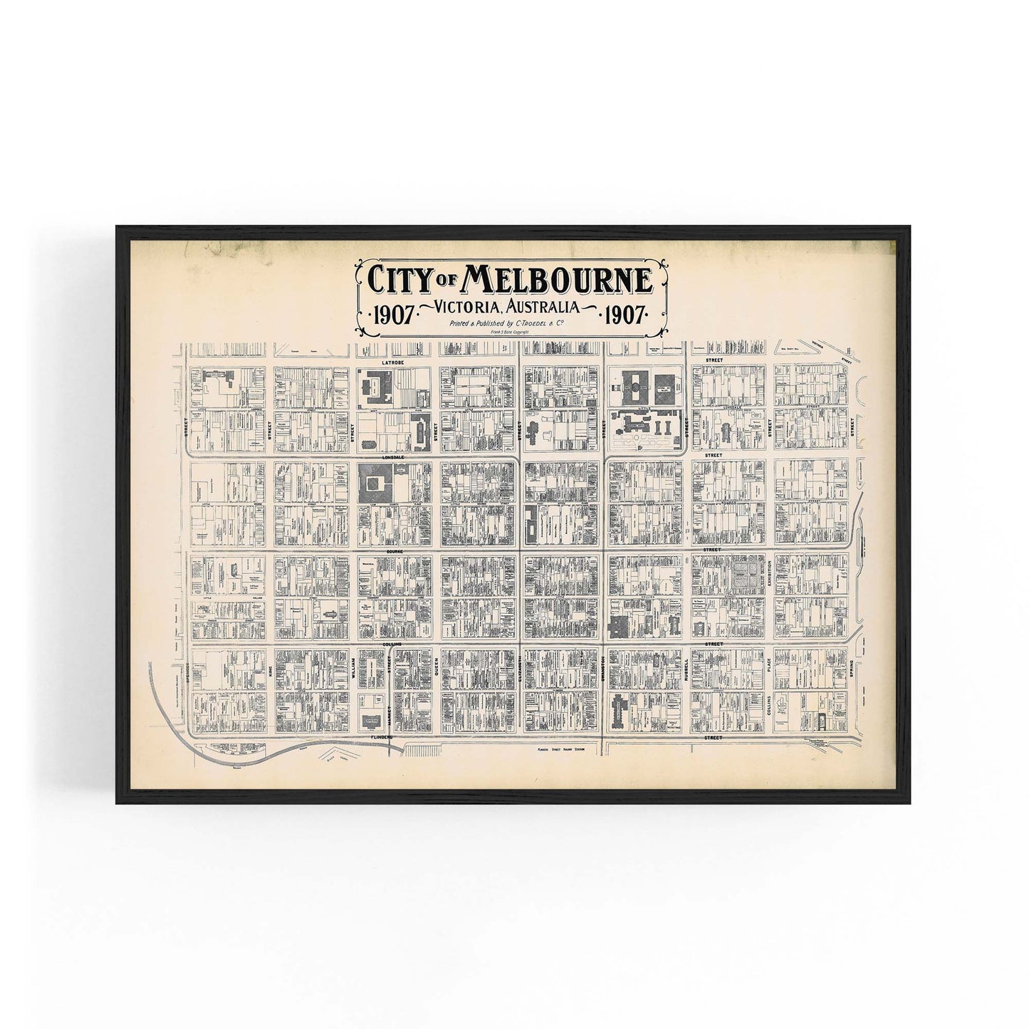 Vintage Melbourne CBD Street Map (1907) Wall Art - The Affordable Art Company