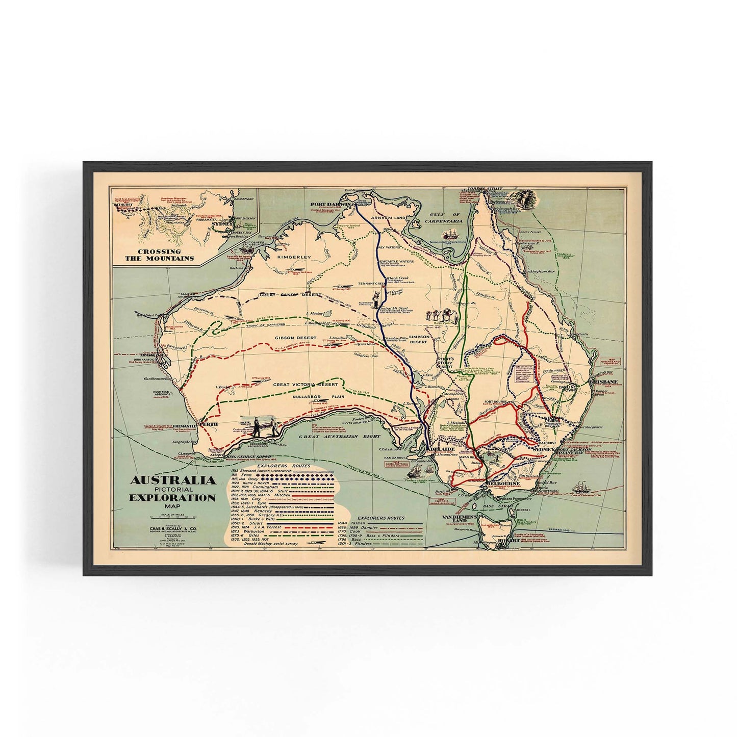 Australia Vintage Exploration Map Old Wall Art - The Affordable Art Company