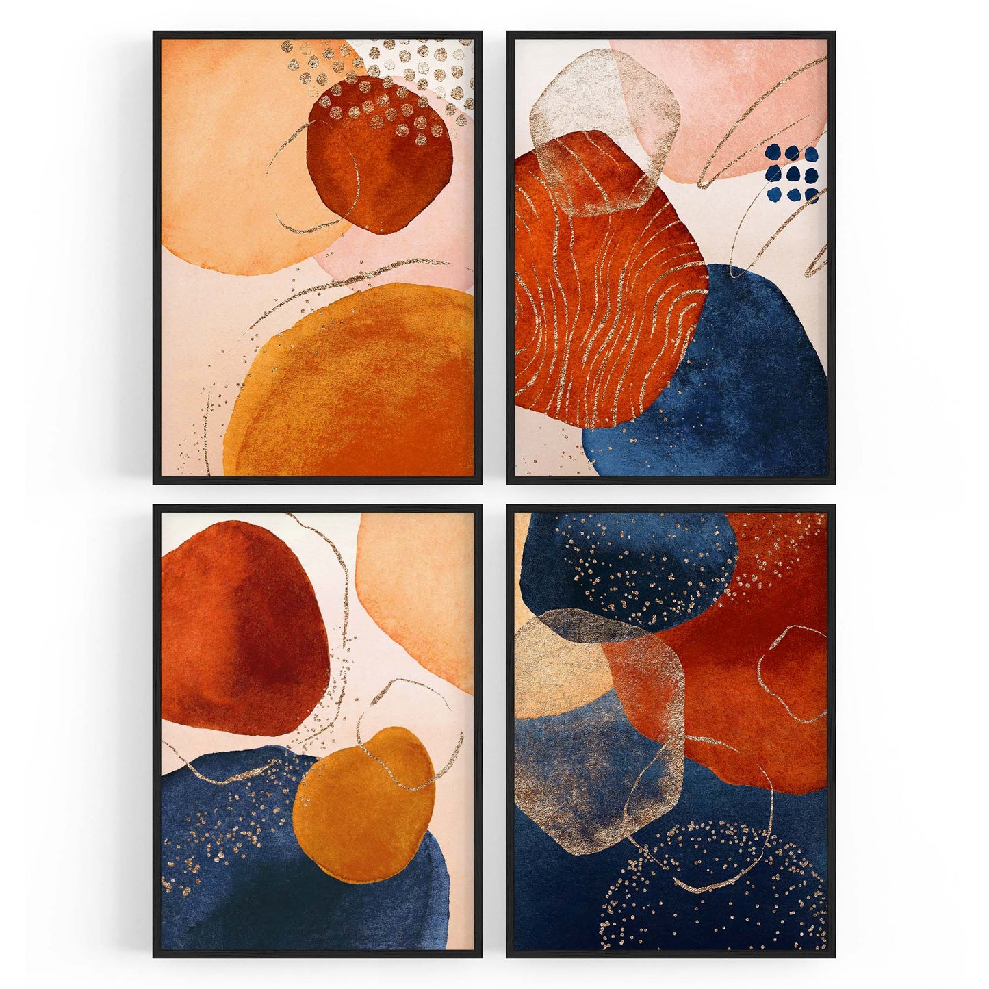 Set of 4 Abstract Blue, Peach and Orange Painting Wall Art - The Affordable Art Company
