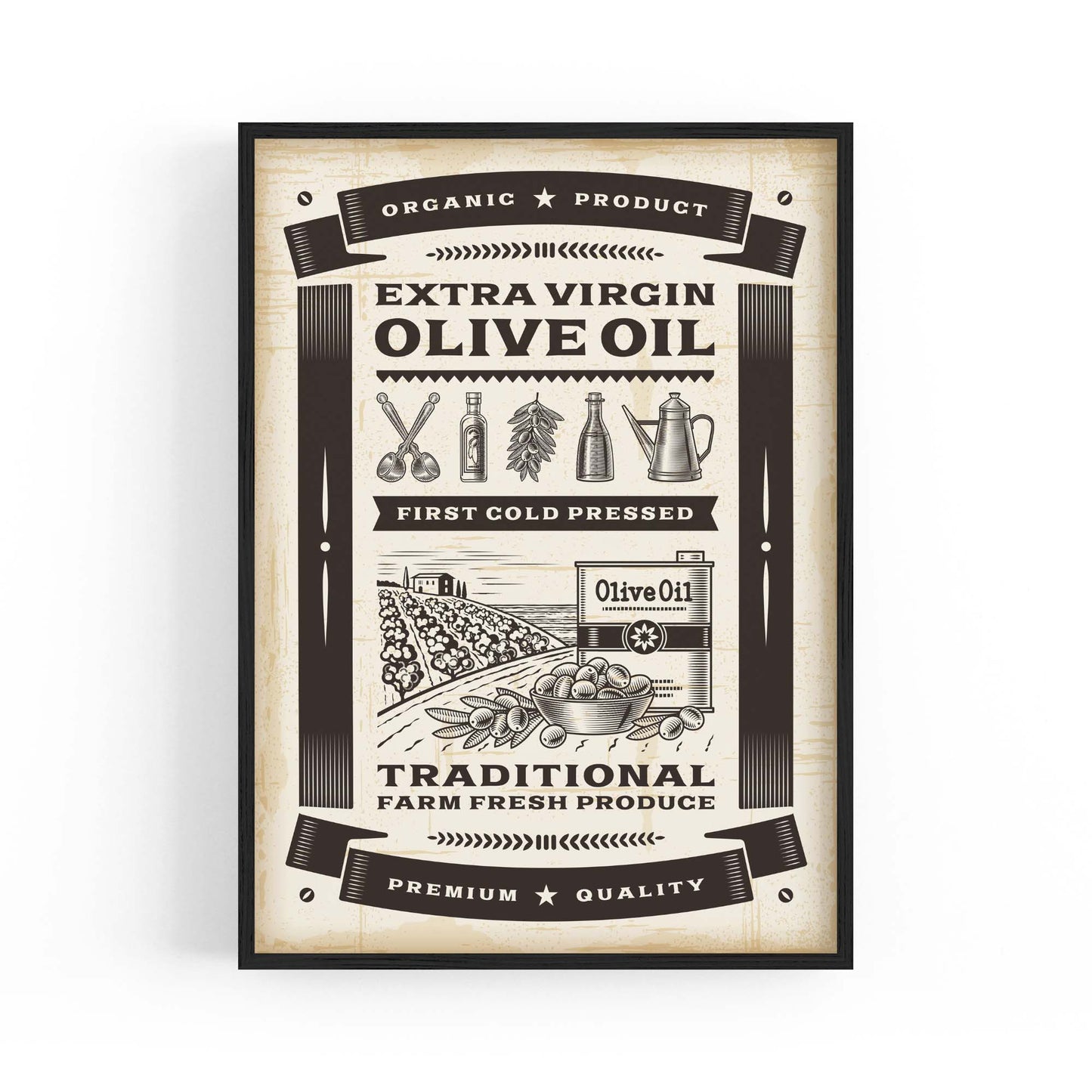 Vintage Olive Oil Farmhouse Kitchen Cafe Wall Art - The Affordable Art Company