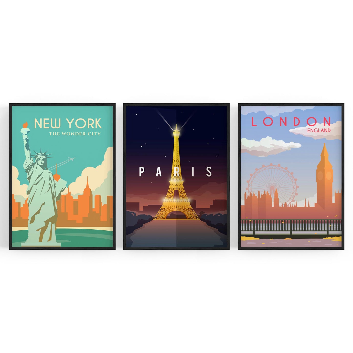 Set of Retro Travel Wall Art (Paris, New York, London) - The Affordable Art Company