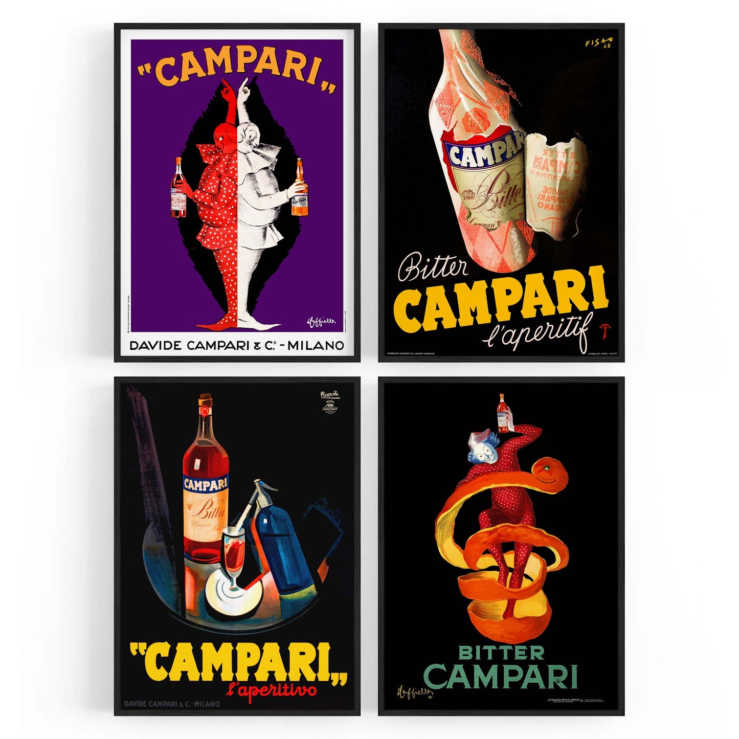 Set of 4 Vintage Italian Campari Drink Advertisements Wall Art - The Affordable Art Company