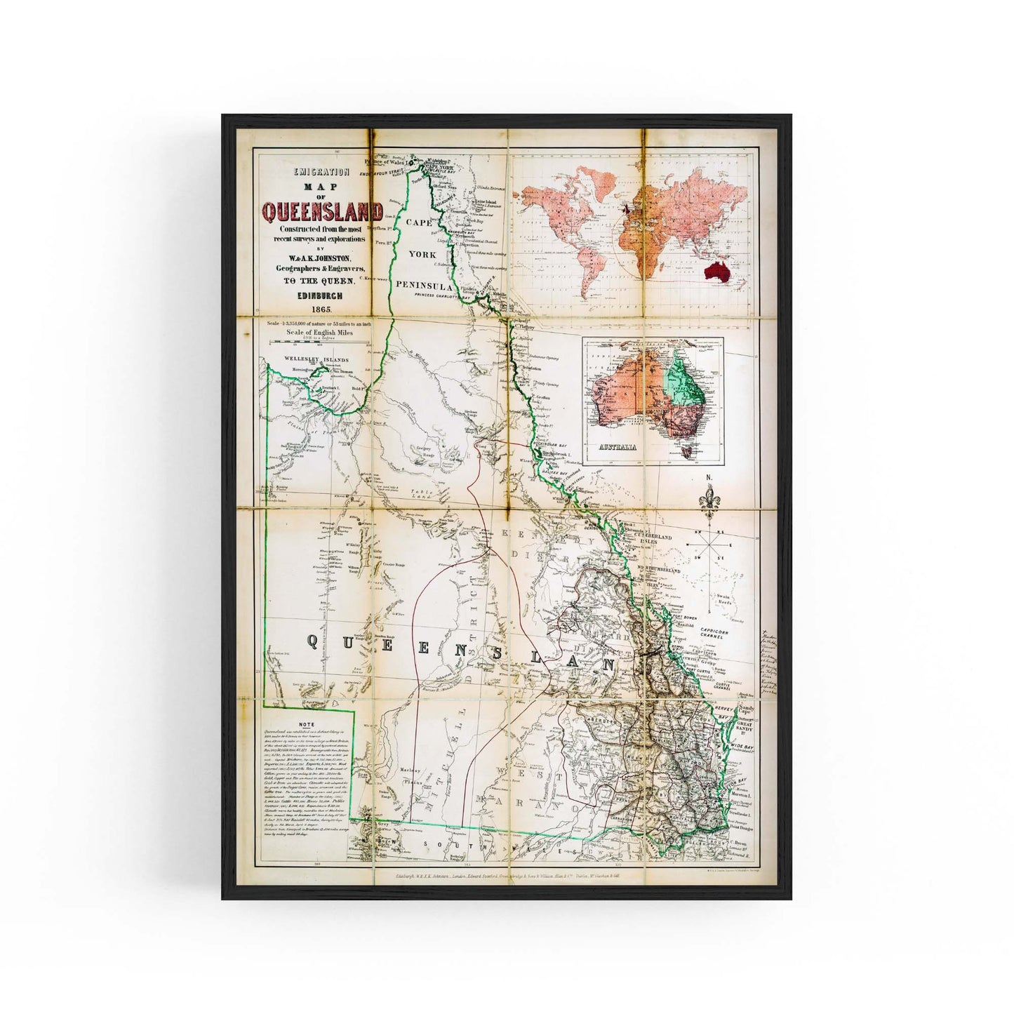 Queensland Australia Vintage Map Wall Art #3 - The Affordable Art Company