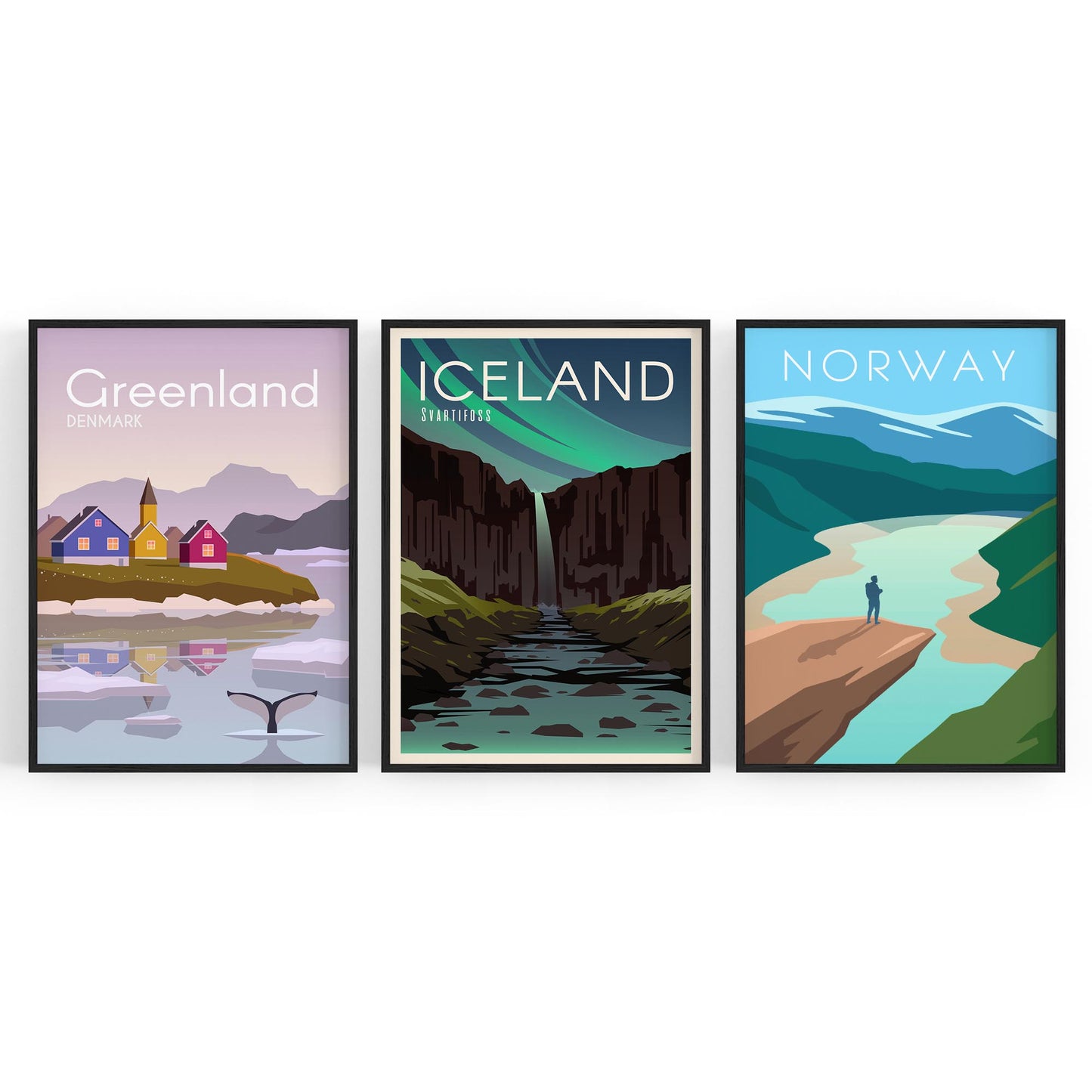 Set of Retro Travel Wall Art (Norway, Iceland, Greenland) - The Affordable Art Company