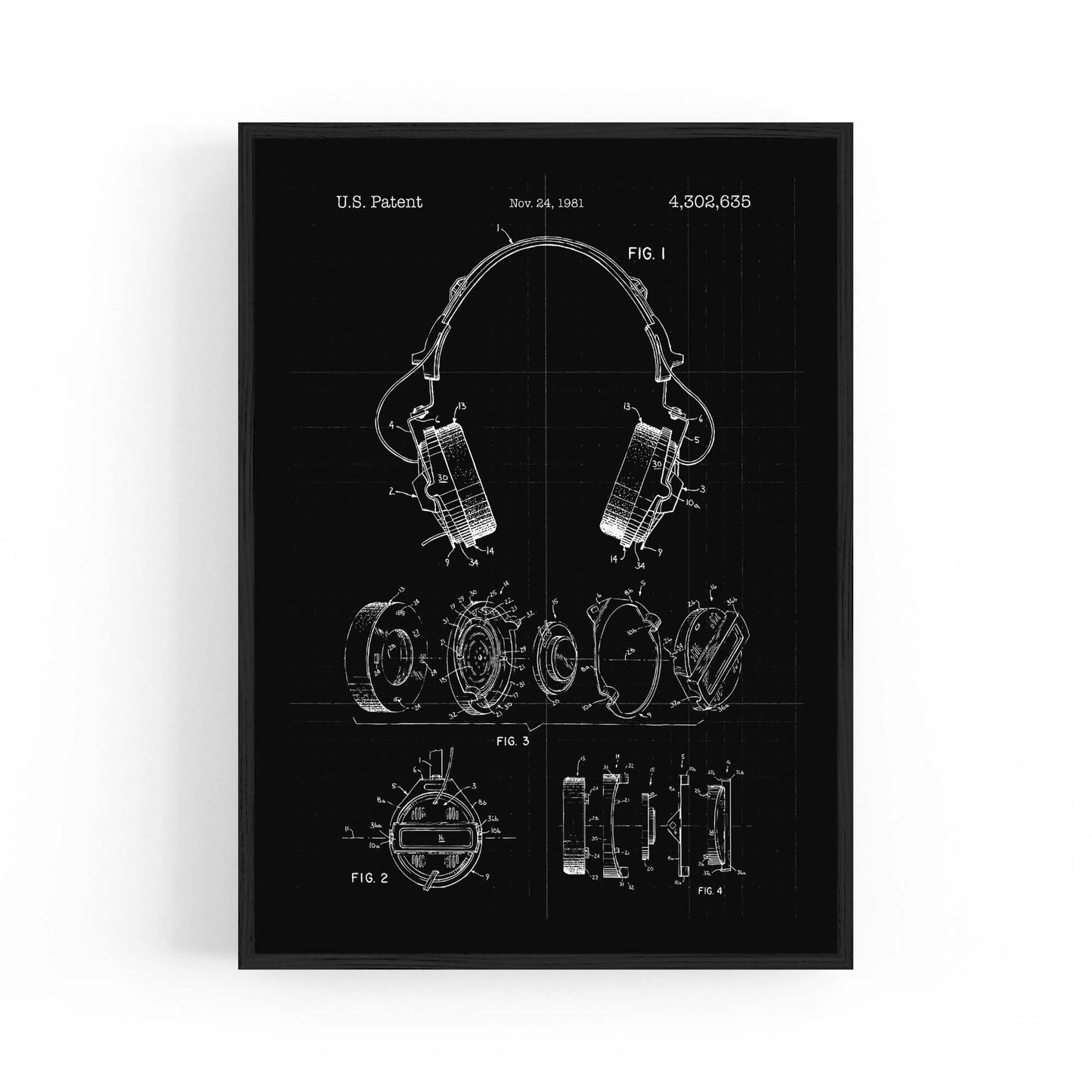 Vintage Music Headphones Black Patent Wall Art #1 - The Affordable Art Company