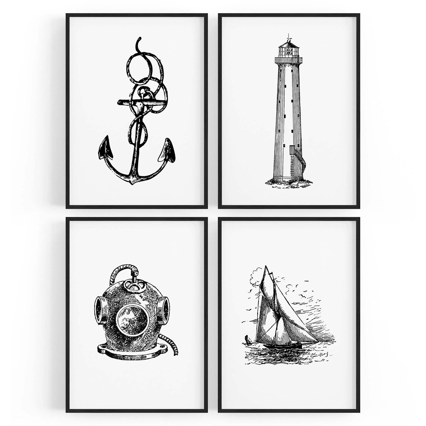 Set of 4 Nautical Drawings Coastal Style Wall Art - The Affordable Art Company