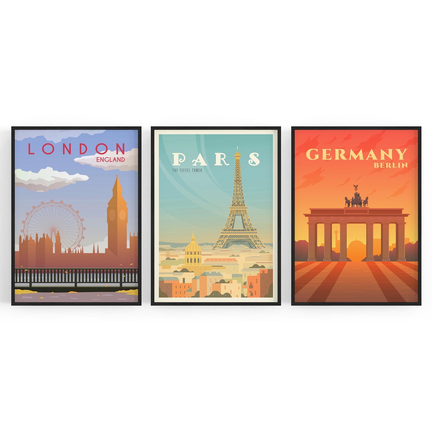 Set of Retro Travel Wall Art (European Travel) - The Affordable Art Company