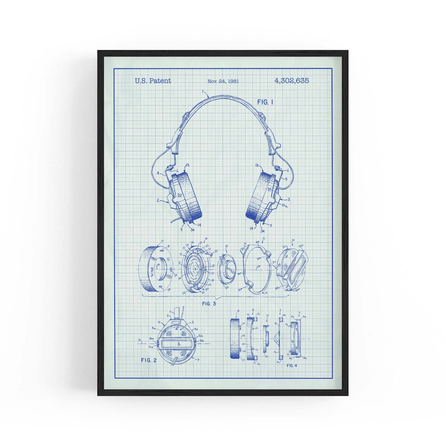 Vintage Music Headphones Blue Patent Wall Art #2 - The Affordable Art Company