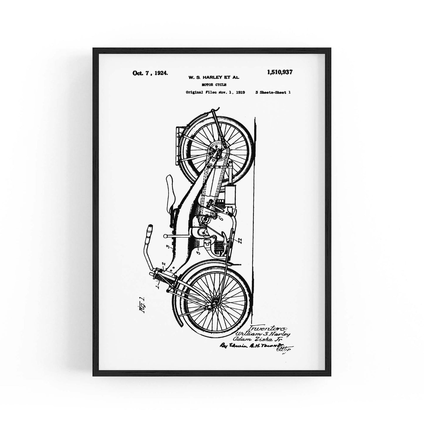 Vintage Harley Motorcycle Patent White Wall Art #2 - The Affordable Art Company