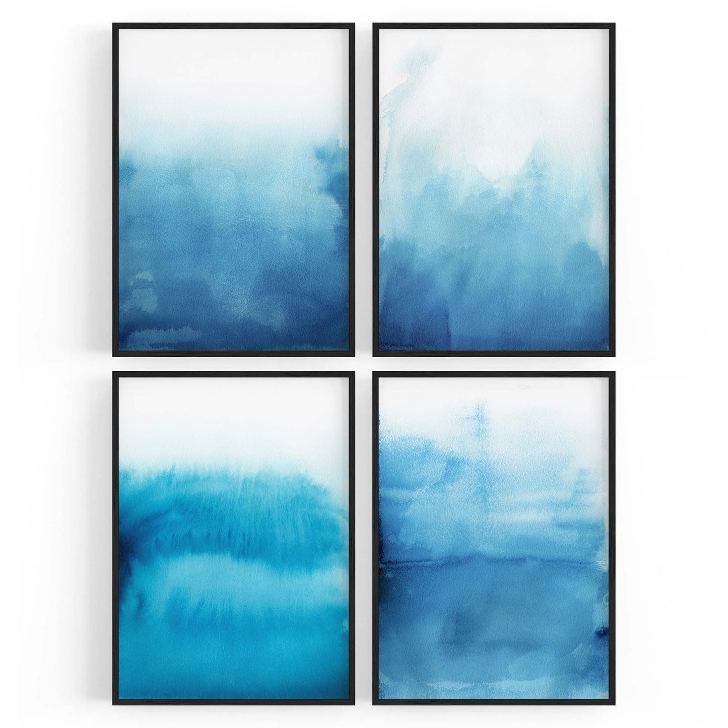 Set of 4 Abstract Blue Ink Wash Minimal Wall Art - The Affordable Art Company