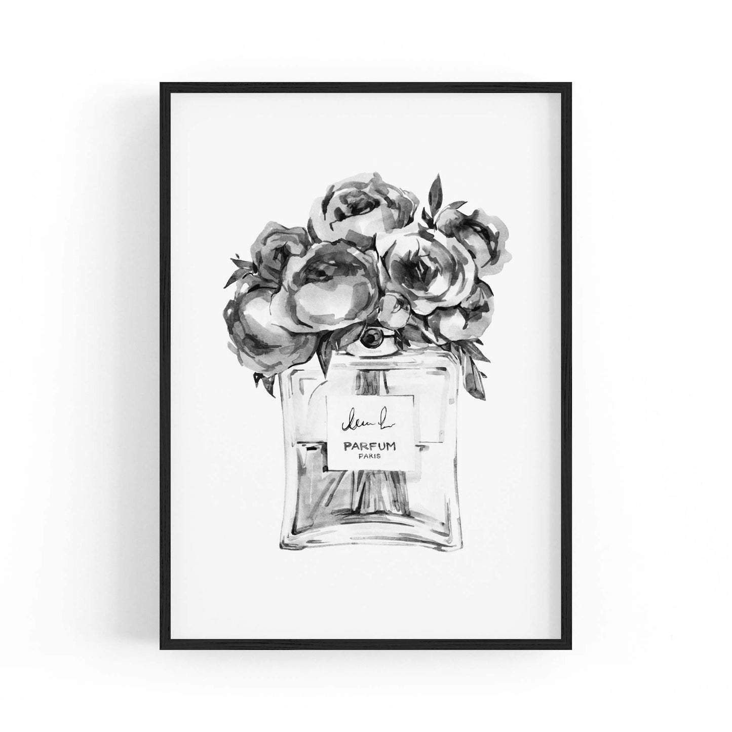 Black and White Floral Perfume Bottle Fashion Wall Art - The Affordable Art Company