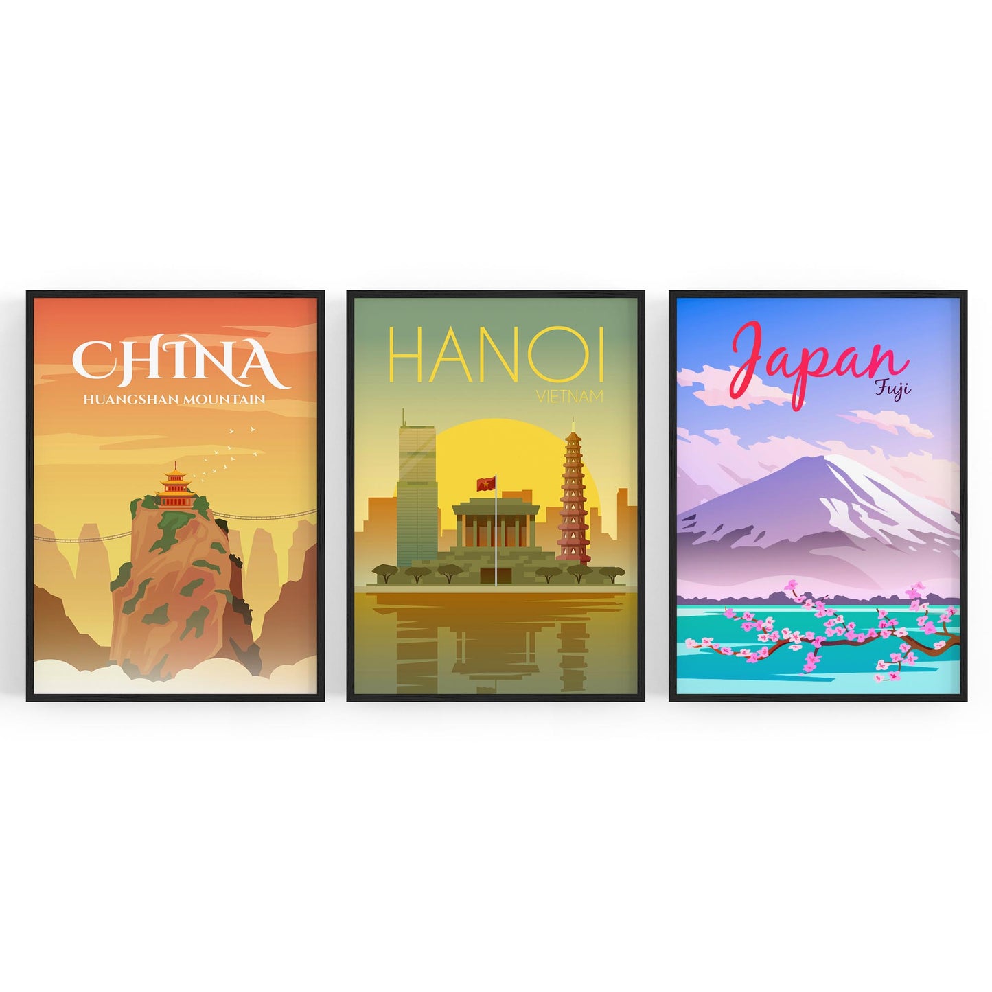 Set of Retro Travel Wall Art (Asian Travel) - The Affordable Art Company