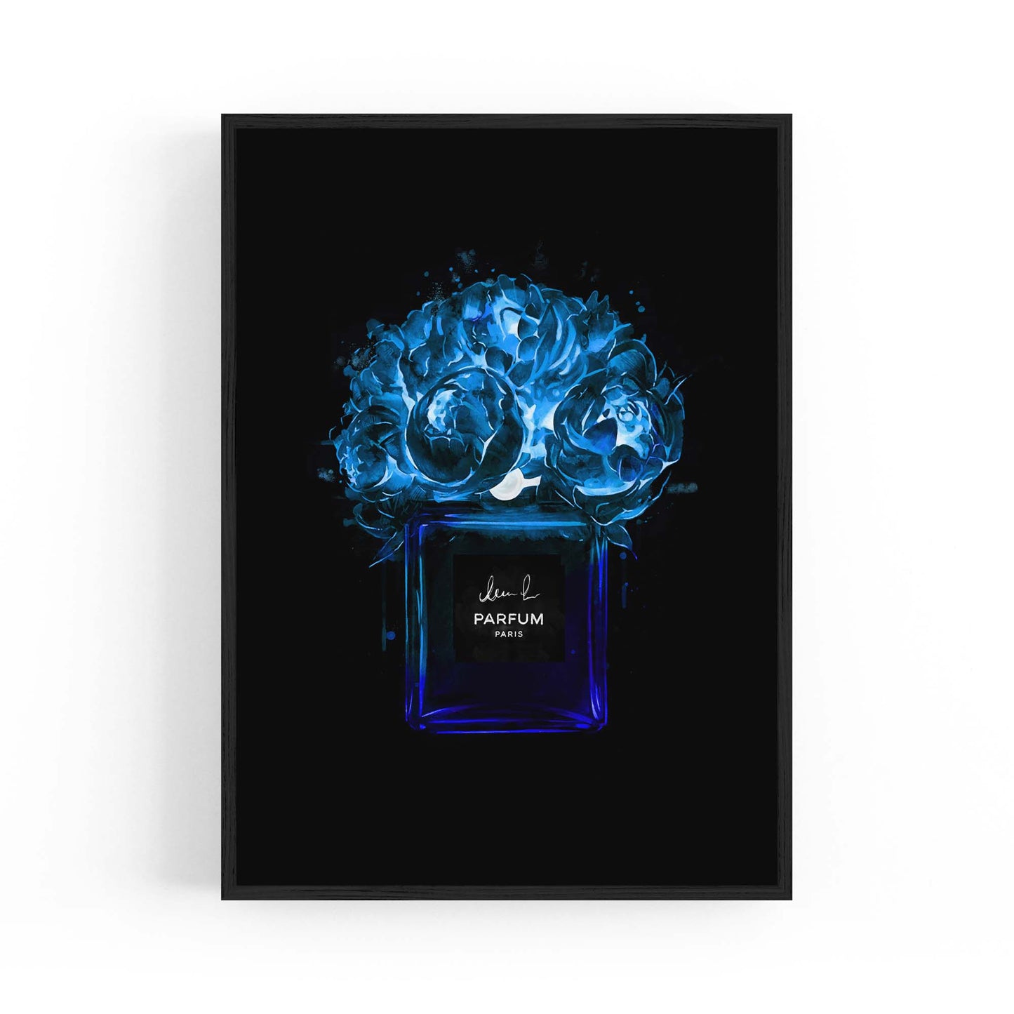 Neon Blue Floral Perfume Bottle Fashion Wall Art - The Affordable Art Company