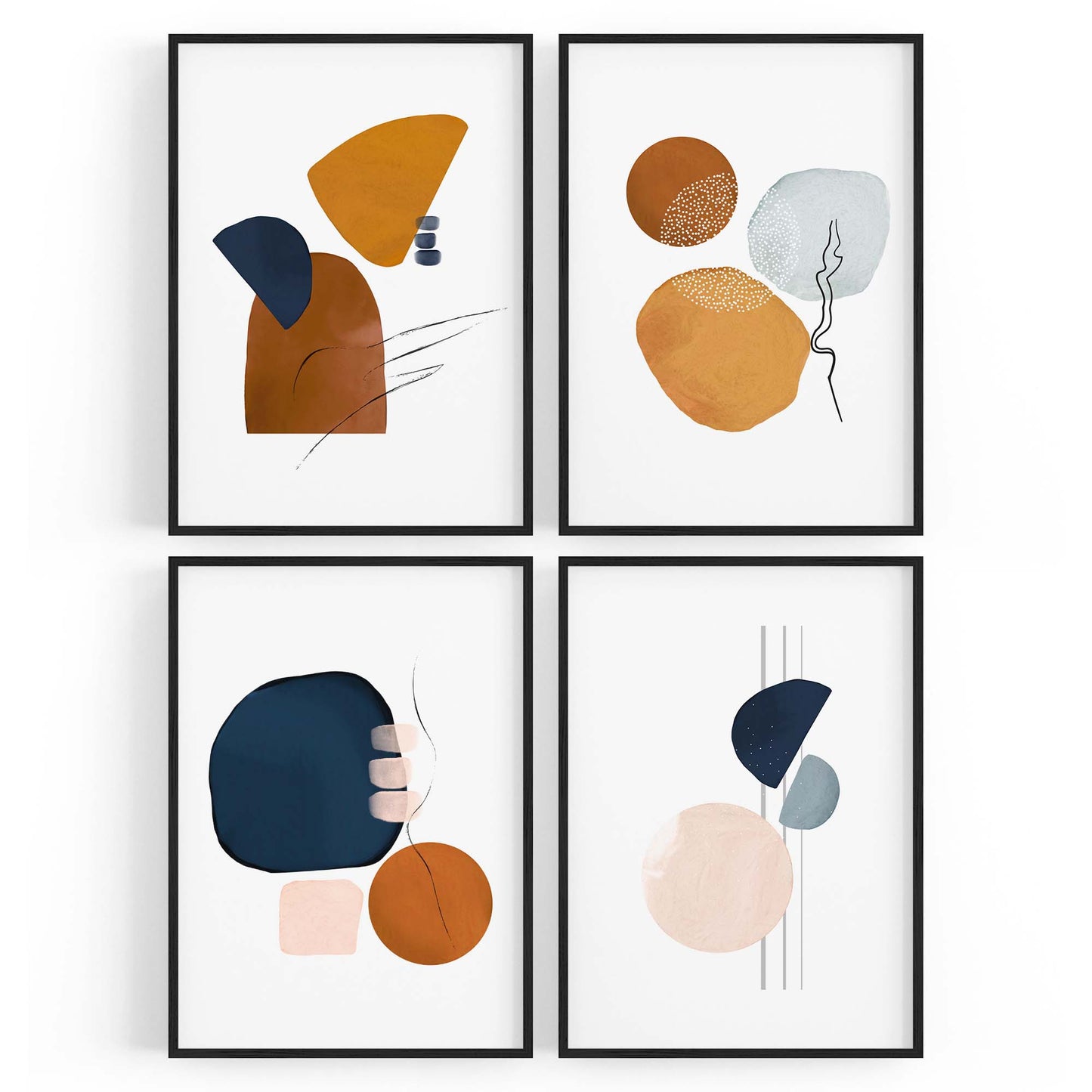 Set of 4 Abstract Shape Blue, Orange and Peach Line Wall Art - The Affordable Art Company