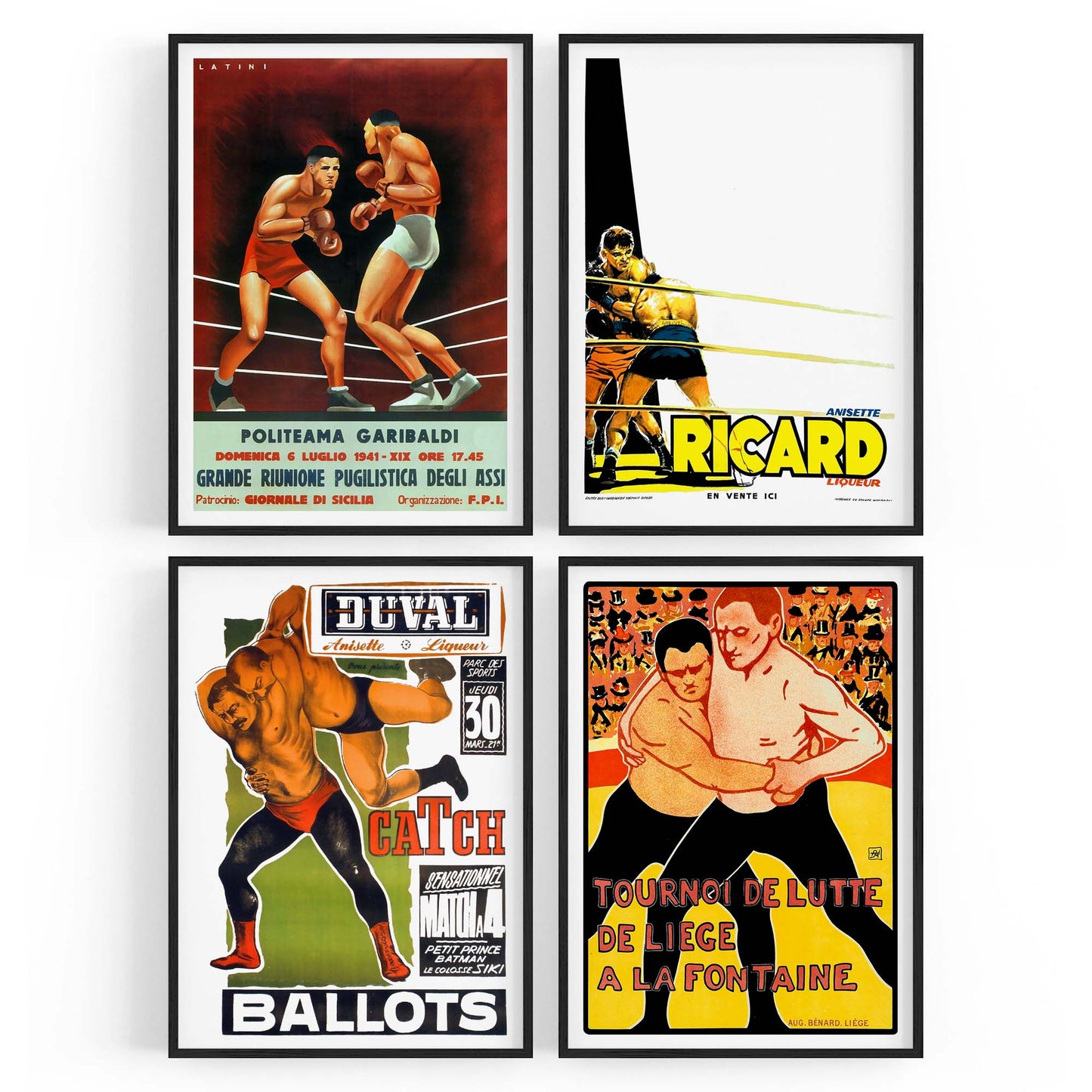 Set of 4 Vintage Boxing and Wrestling Sport Advertisements Wall Art - The Affordable Art Company