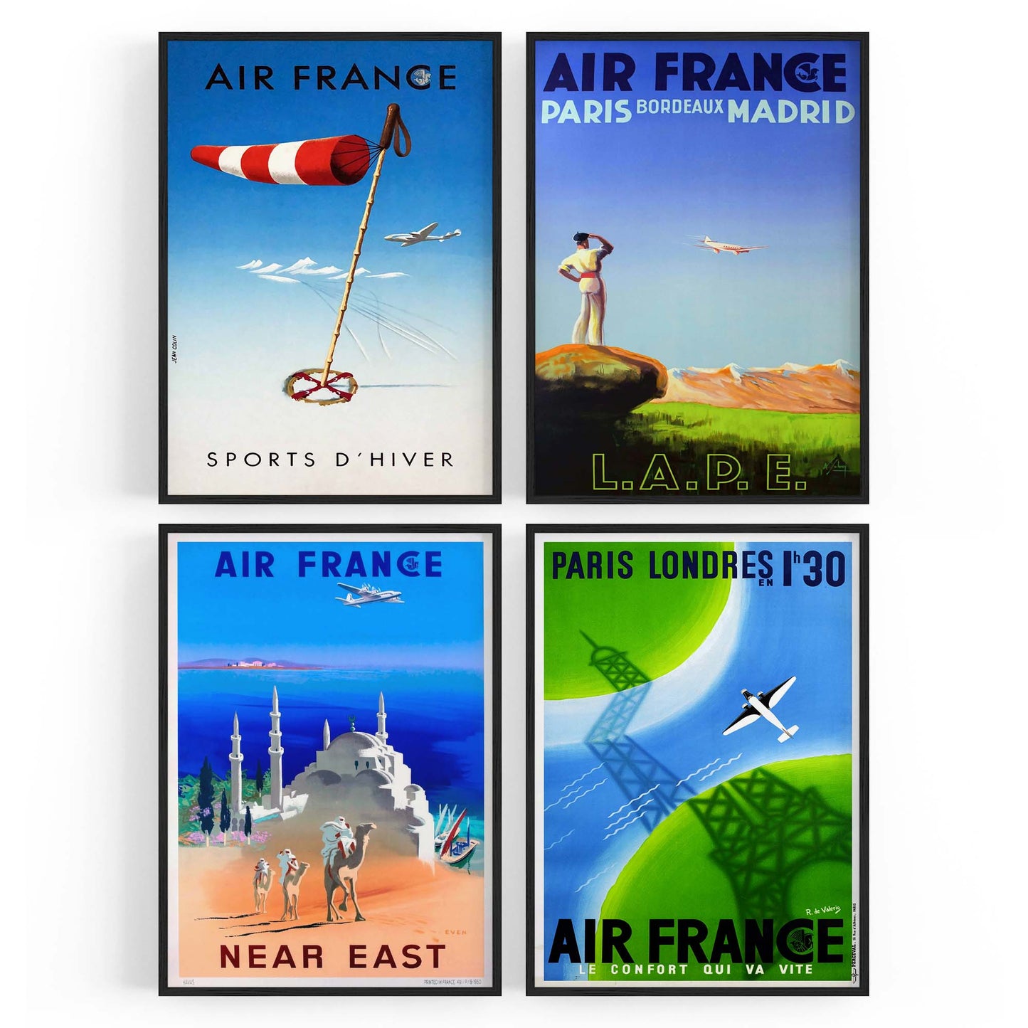 Set of 4 Vintage Air France Travel Advertisements Wall Art - The Affordable Art Company