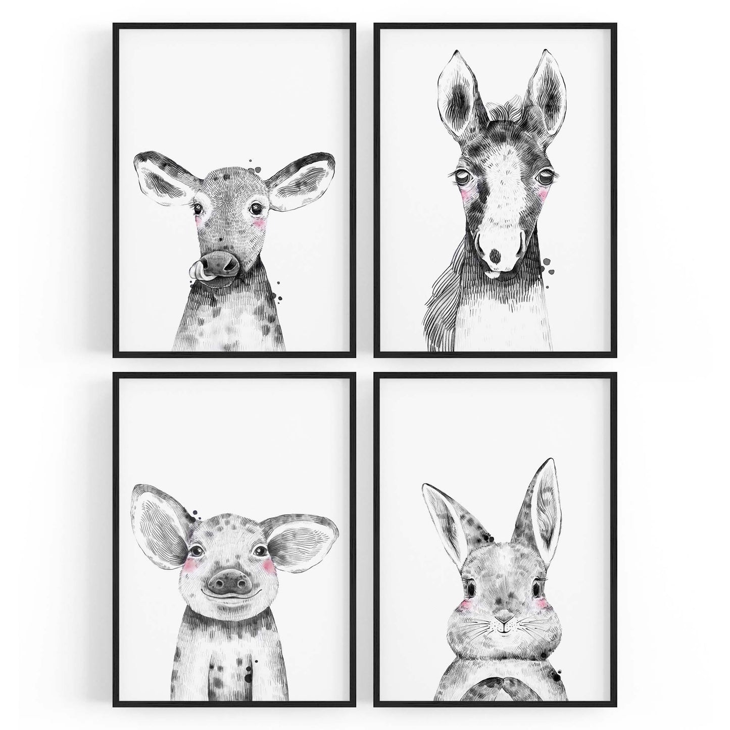 Set of 4 Cute Baby Nursery Country Farm Animal Drawings Wall Art - The Affordable Art Company