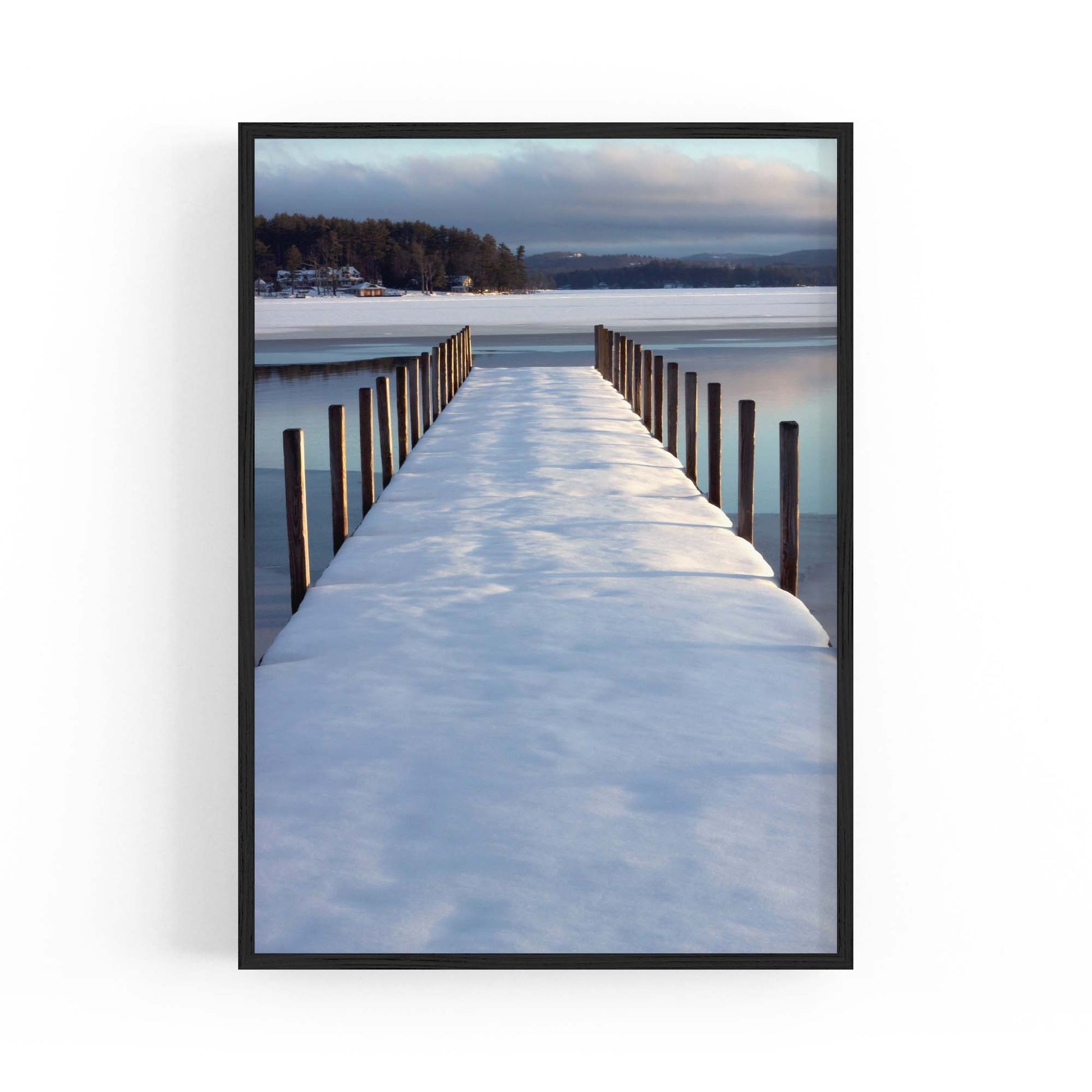 Snow Covered Pier Landscape Photograph Wall Art - The Affordable Art Company