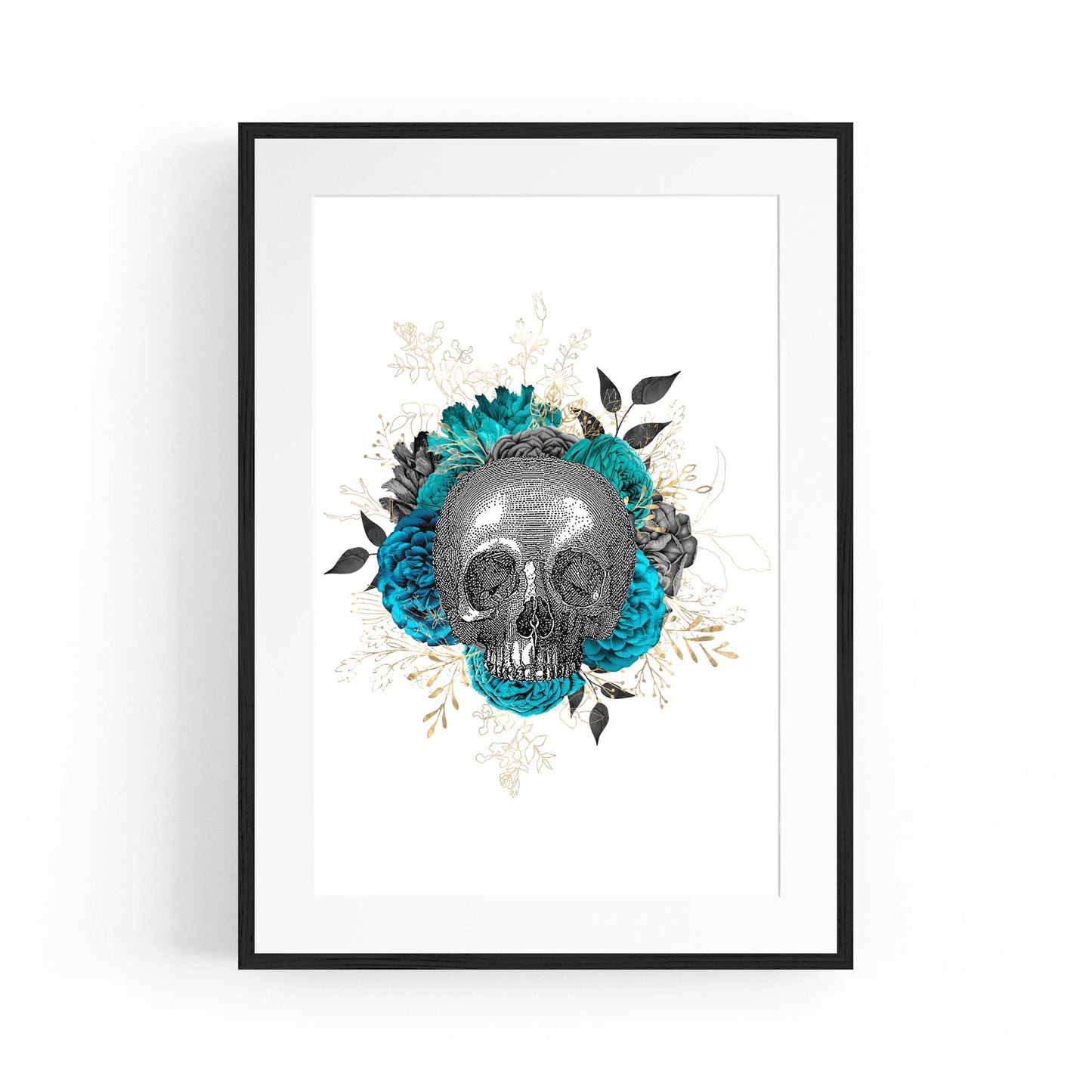 Teal Floral Skull Gothic Bedroom Wall Art - The Affordable Art Company