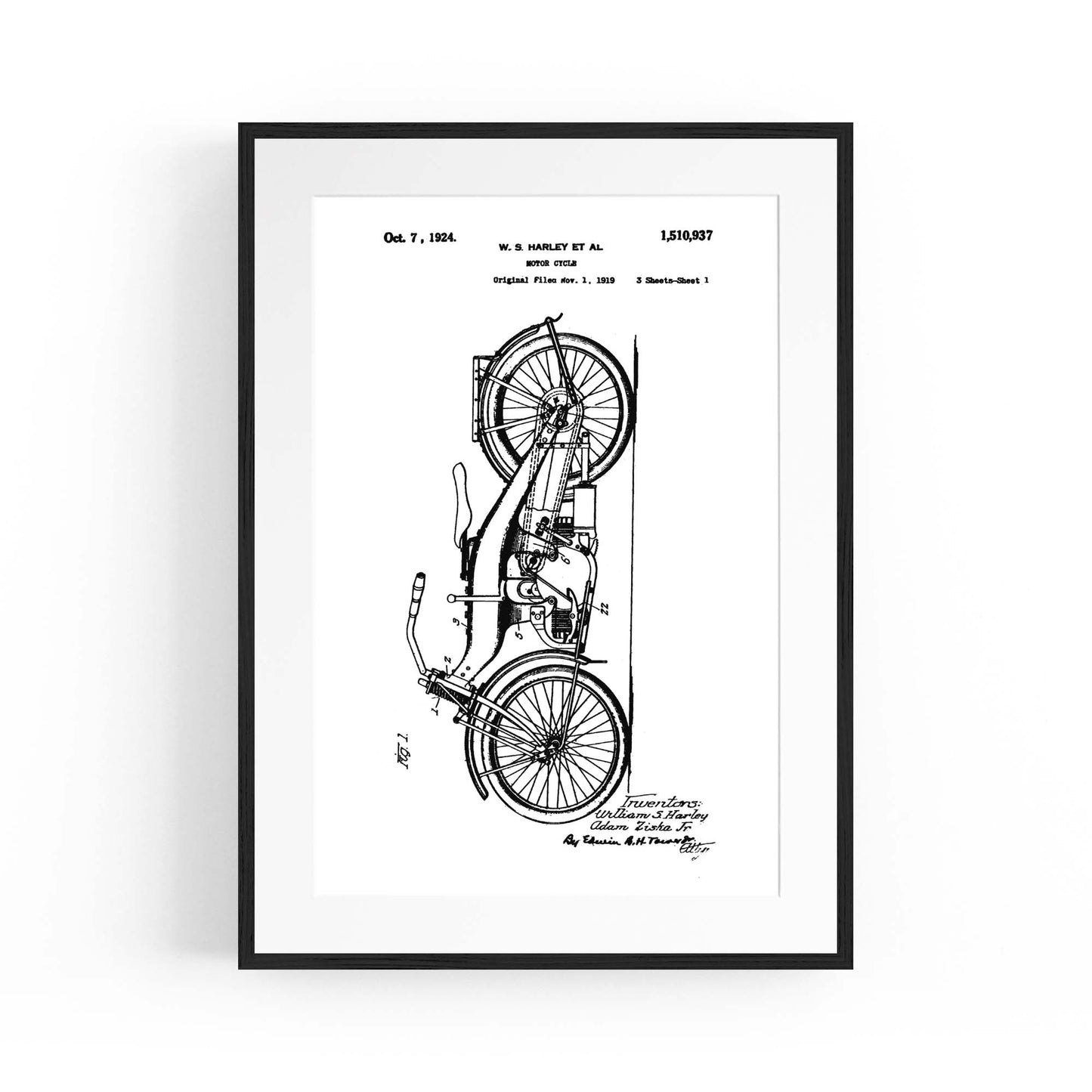 Vintage Harley Motorcycle Patent White Wall Art #2 - The Affordable Art Company