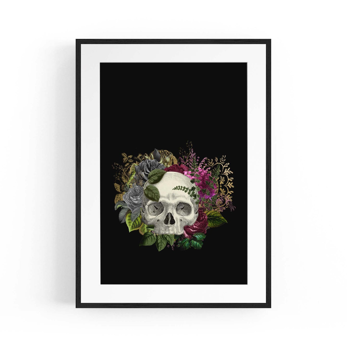 Black Skull and Flowers Fashion Bedroom Wall Art - The Affordable Art Company