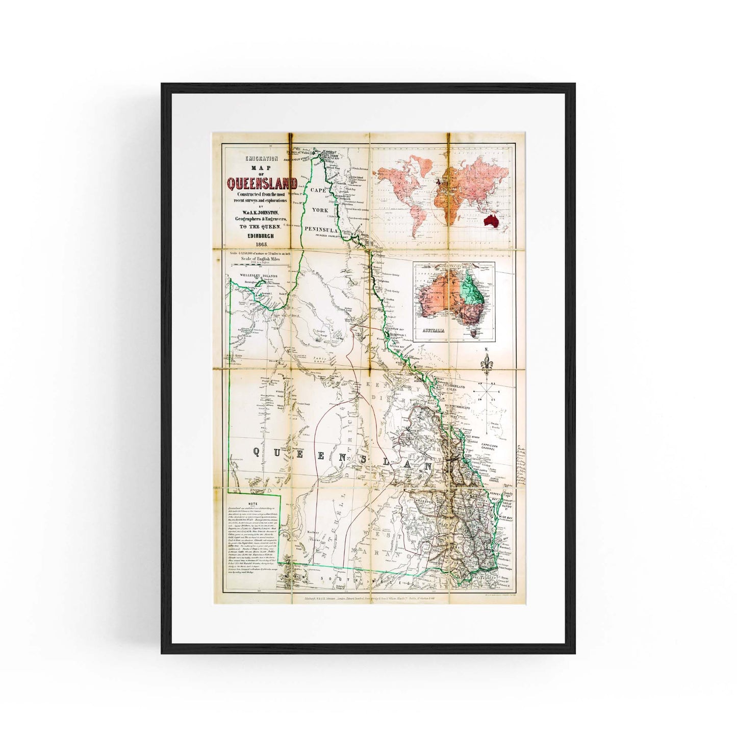 Queensland Australia Vintage Map Wall Art #3 - The Affordable Art Company