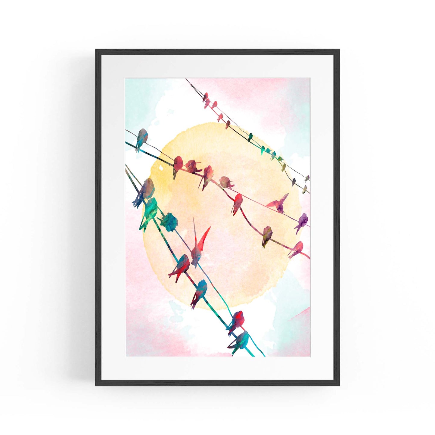 Birds On The Line Watercolour Scene Wall Art - The Affordable Art Company