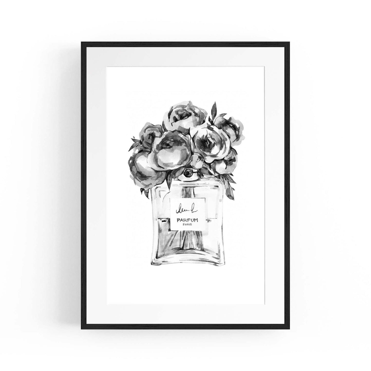 Black and White Floral Perfume Bottle Fashion Wall Art - The Affordable Art Company