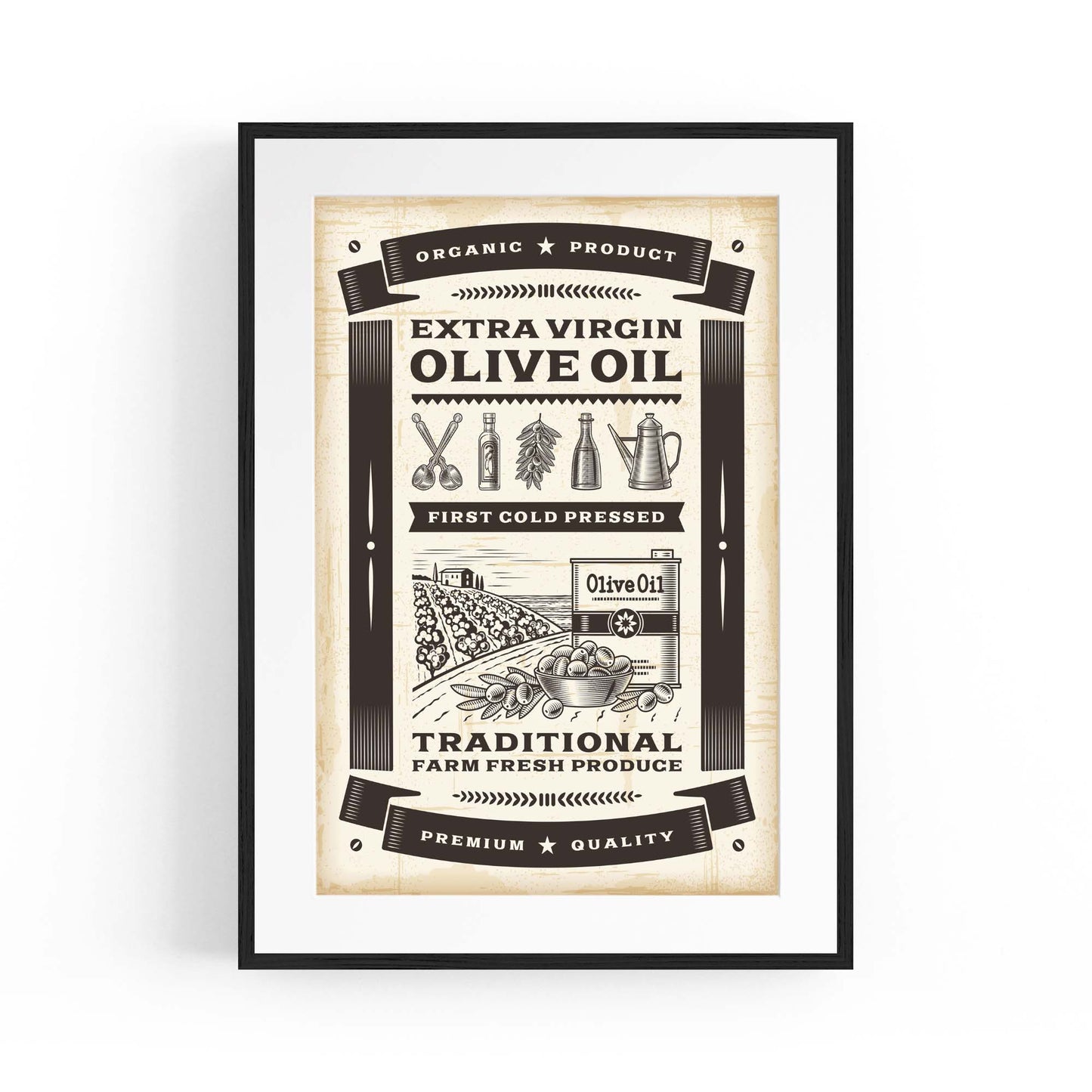Vintage Olive Oil Farmhouse Kitchen Cafe Wall Art - The Affordable Art Company