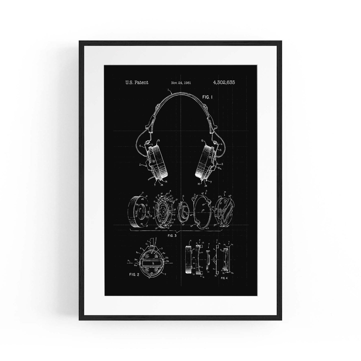 Vintage Music Headphones Black Patent Wall Art #1 - The Affordable Art Company