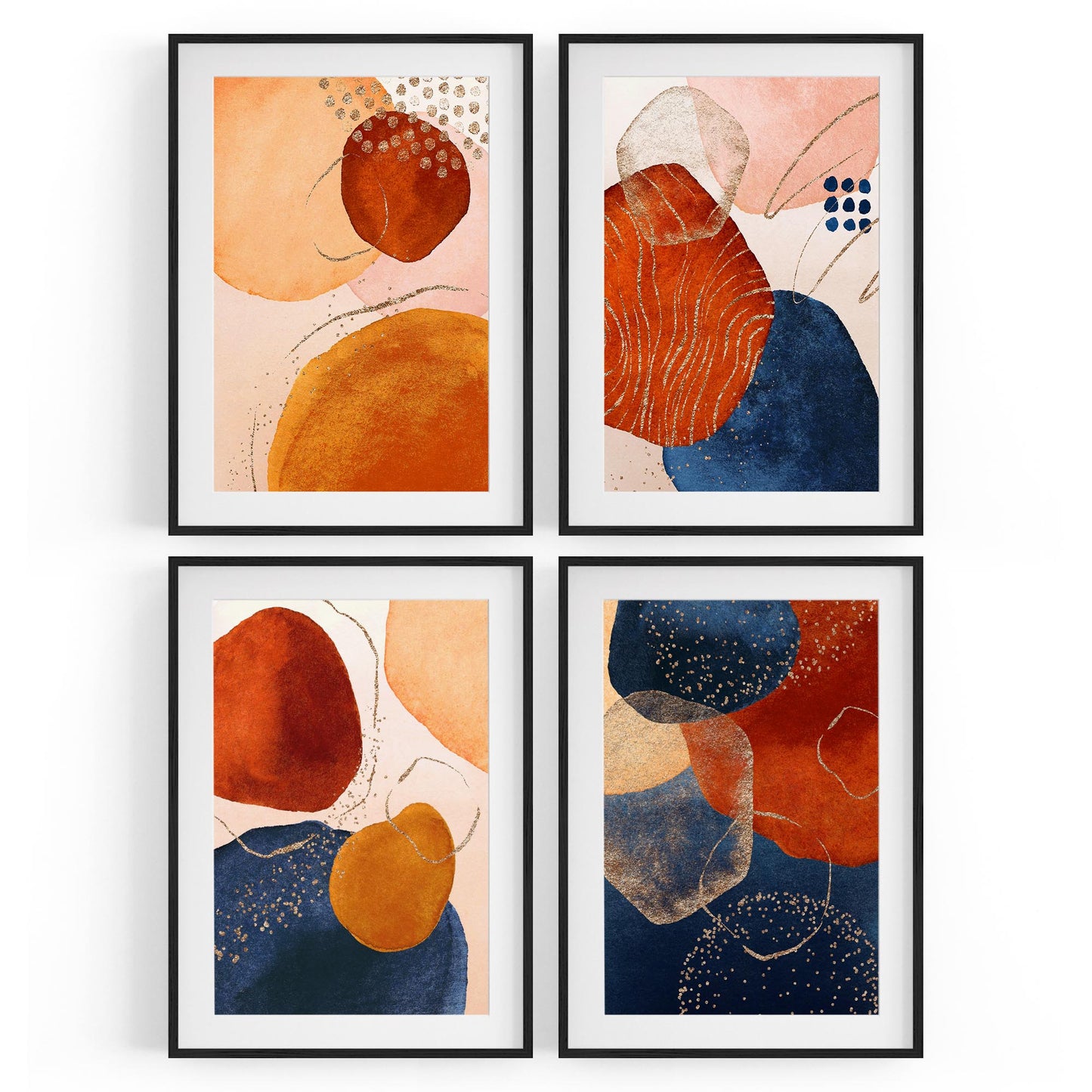 Set of 4 Abstract Blue, Peach and Orange Painting Wall Art - The Affordable Art Company