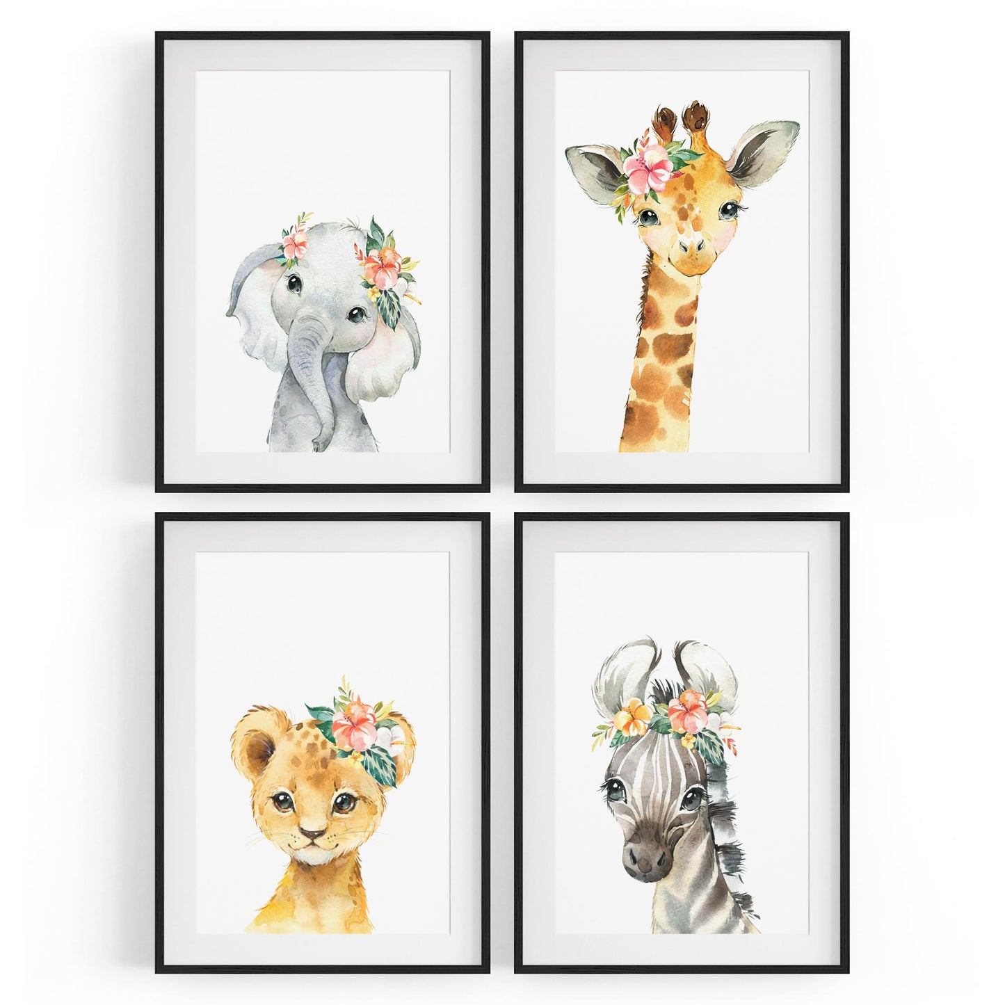 Set of 4 Baby Safari Animal Cute Nursery Paintings Wall Art - The Affordable Art Company