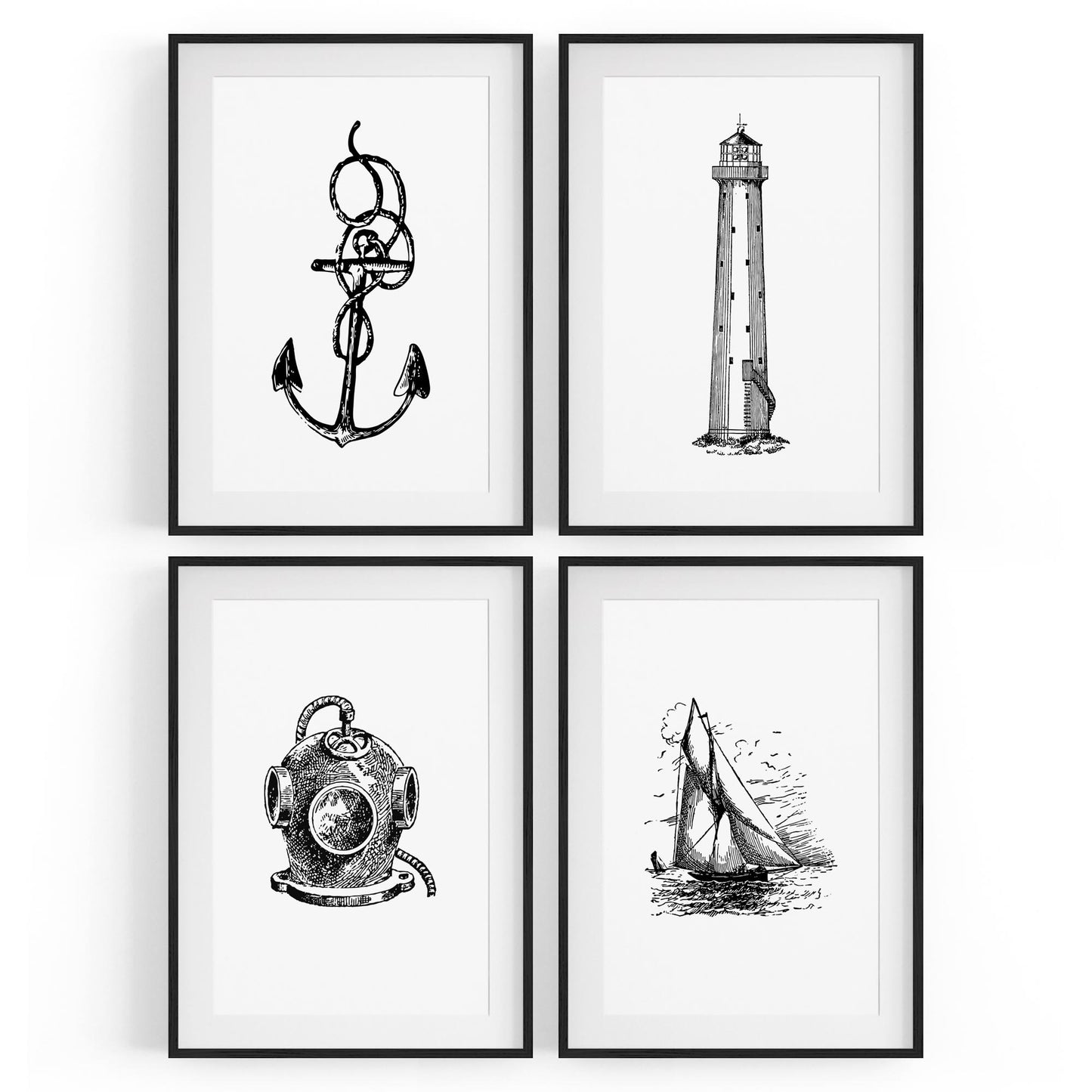 Set of 4 Nautical Drawings Coastal Style Wall Art - The Affordable Art Company