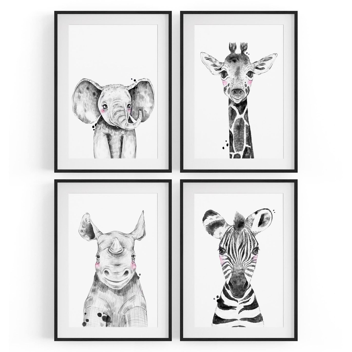 Set of 4 Cute Baby Nursery Safari Animal Drawings Wall Art - The Affordable Art Company