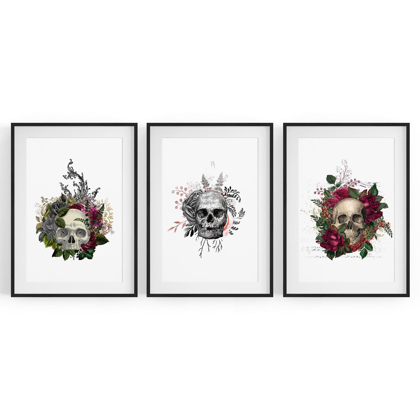 Set of Floral Skull Fashion Bedroom Wall Art - The Affordable Art Company