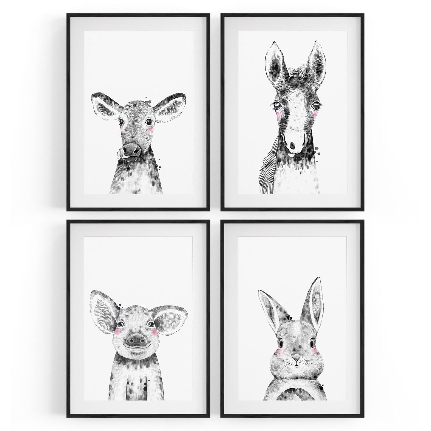 Set of 4 Cute Baby Nursery Country Farm Animal Drawings Wall Art - The Affordable Art Company