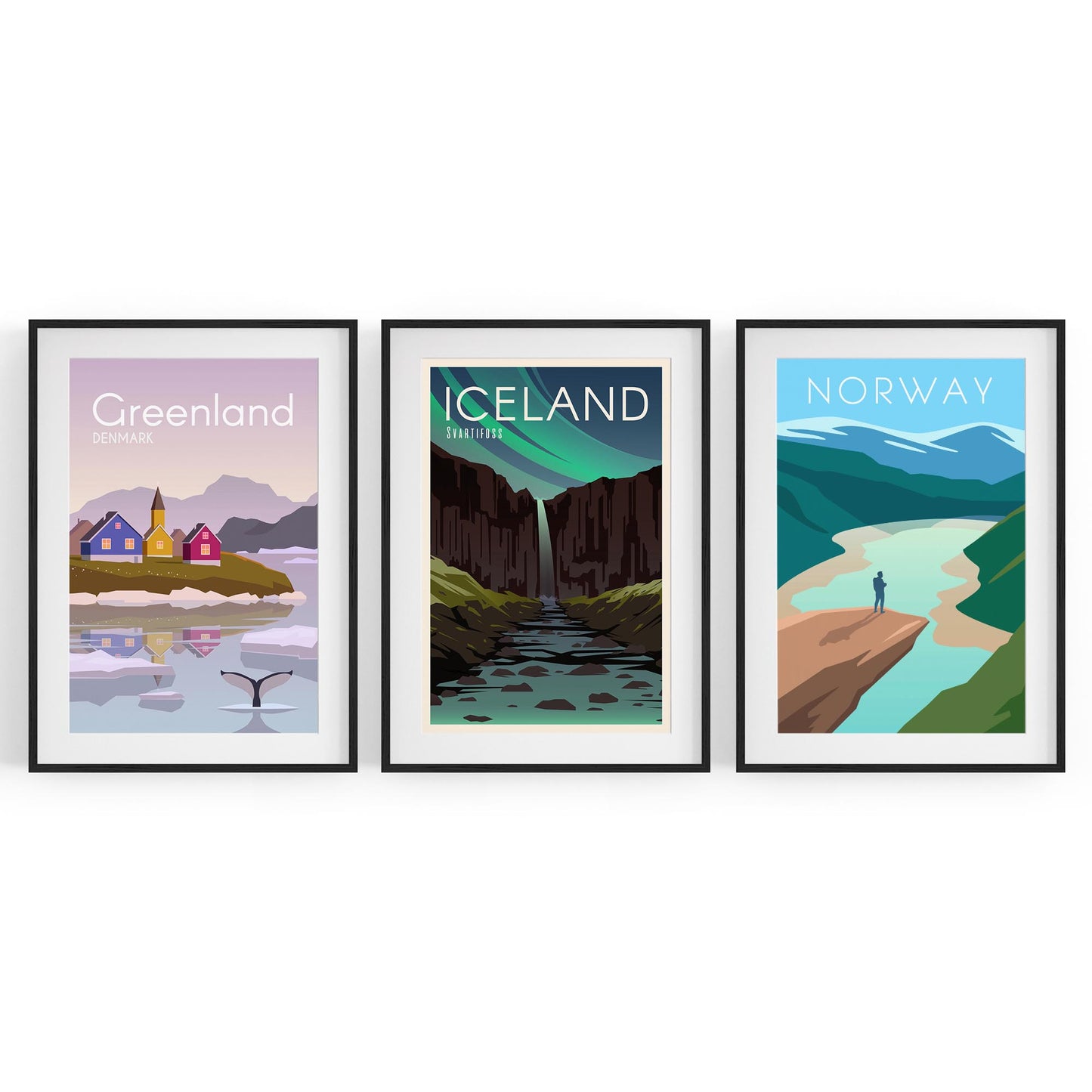 Set of Retro Travel Wall Art (Norway, Iceland, Greenland) - The Affordable Art Company