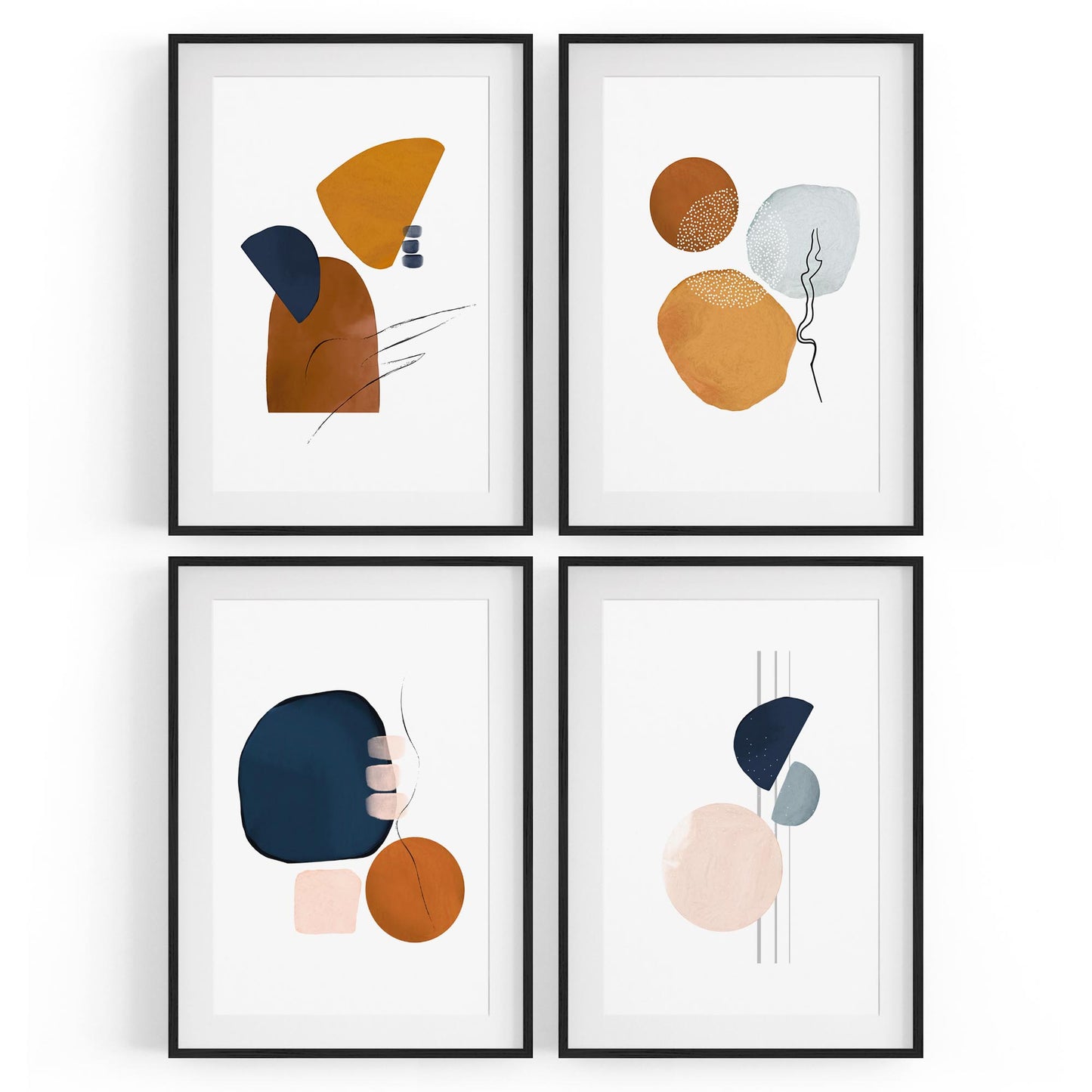 Set of 4 Abstract Shape Blue, Orange and Peach Line Wall Art - The Affordable Art Company