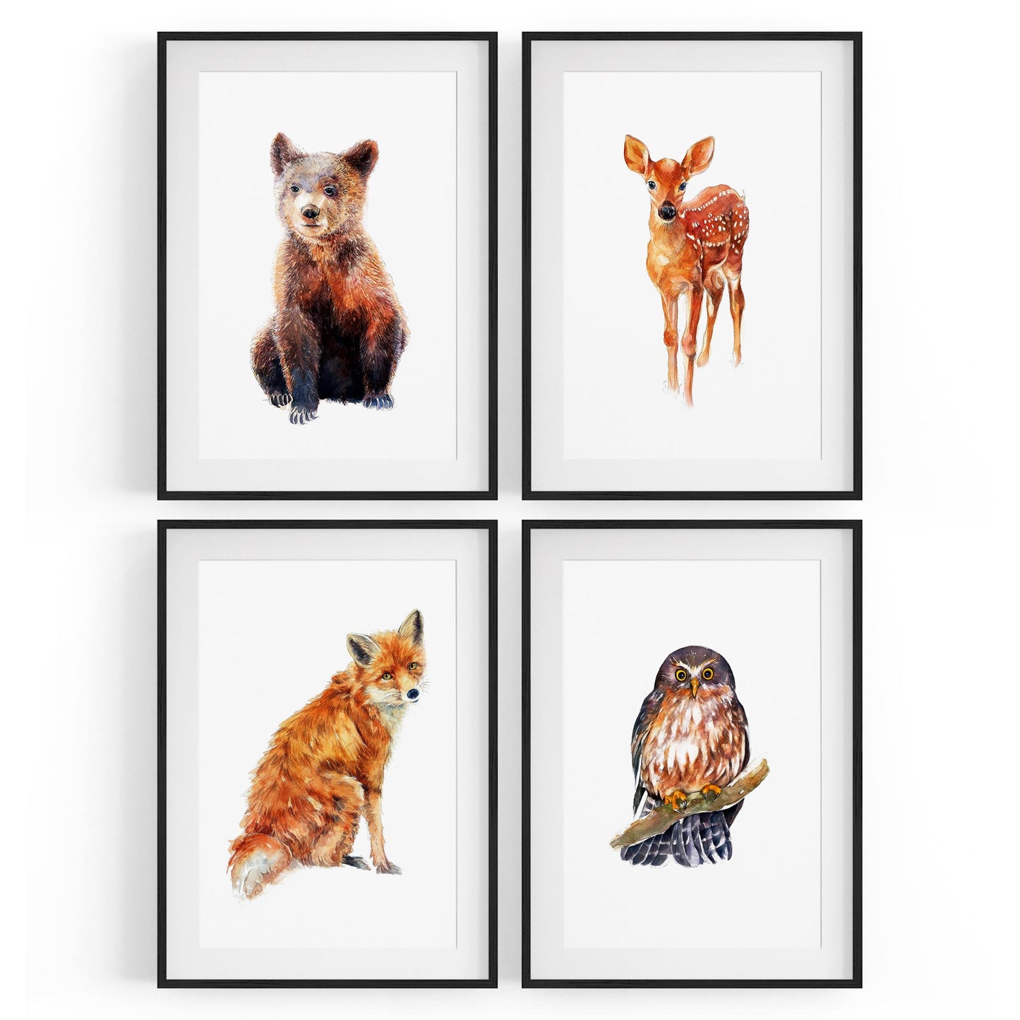 Set of 4 Watercolour Woodland Animal Painting Wall Art - The Affordable Art Company