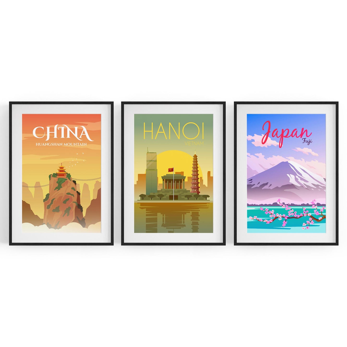 Set of Retro Travel Wall Art (Asian Travel) - The Affordable Art Company