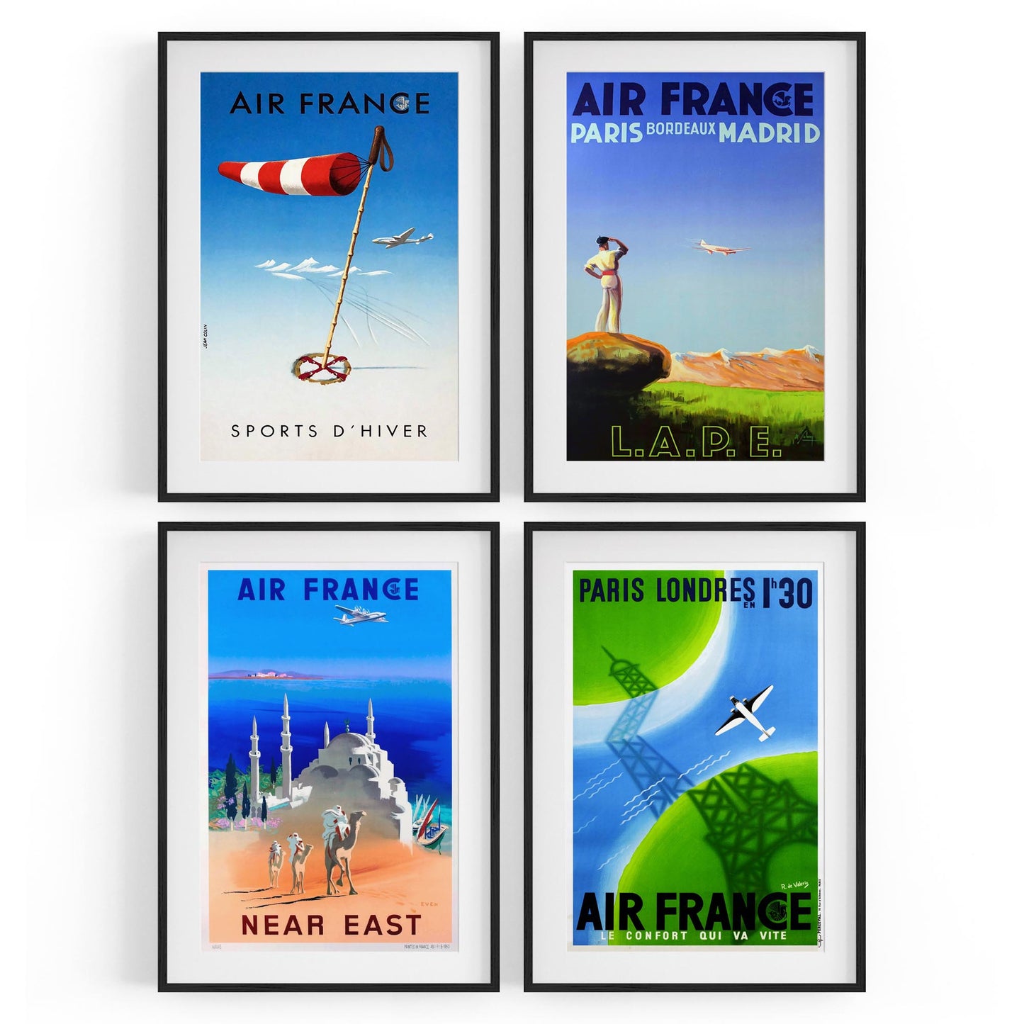 Set of 4 Vintage Air France Travel Advertisements Wall Art - The Affordable Art Company