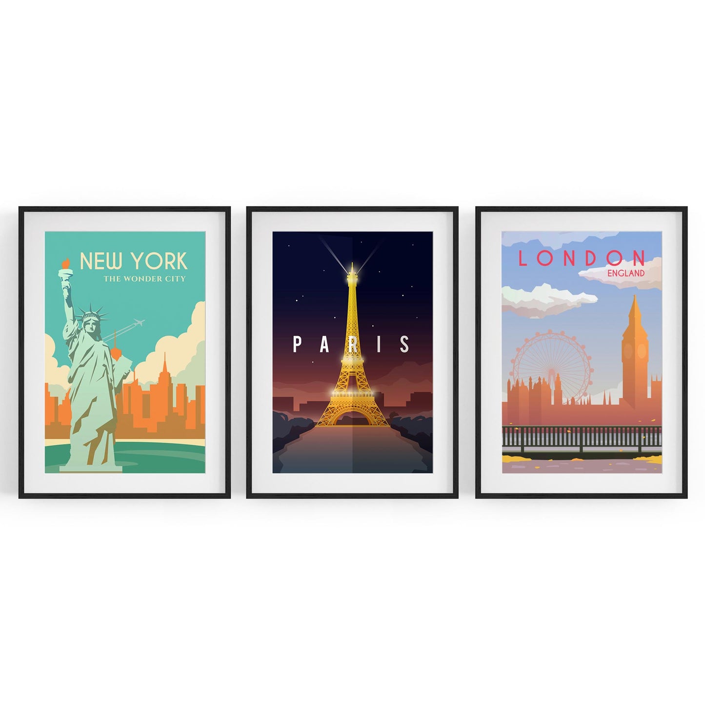 Set of Retro Travel Wall Art (Paris, New York, London) - The Affordable Art Company