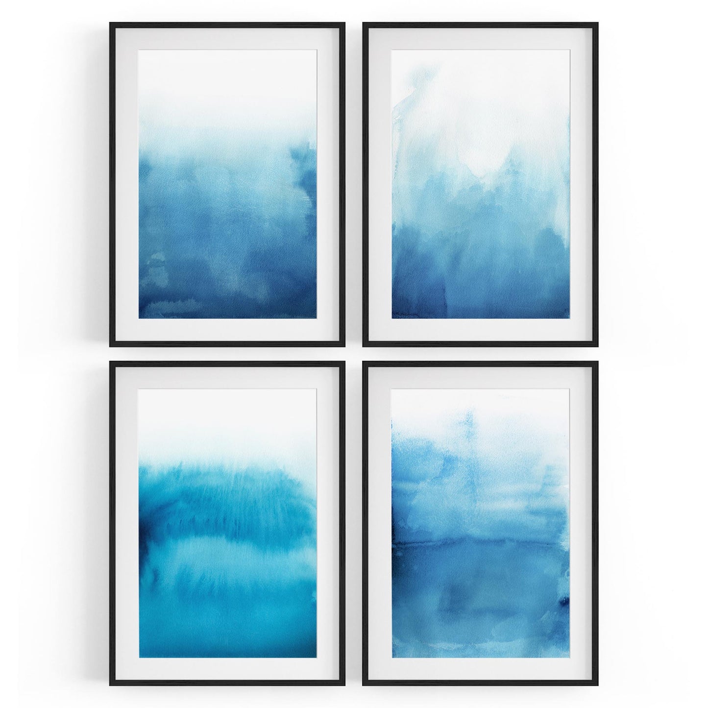 Set of 4 Abstract Blue Ink Wash Minimal Wall Art - The Affordable Art Company
