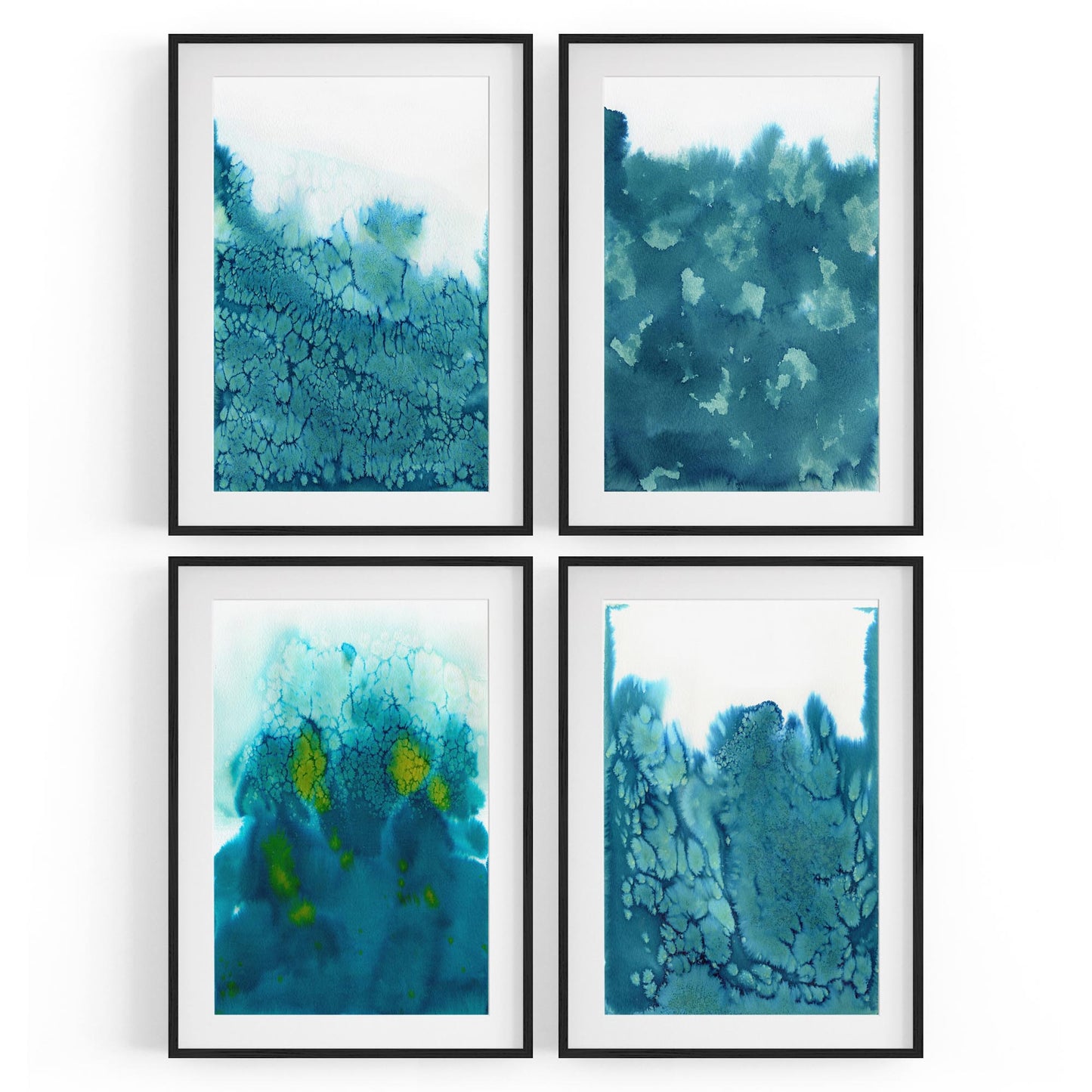 Set of 4 Abstract Blue Ink Wash Minimal Wall Art - The Affordable Art Company