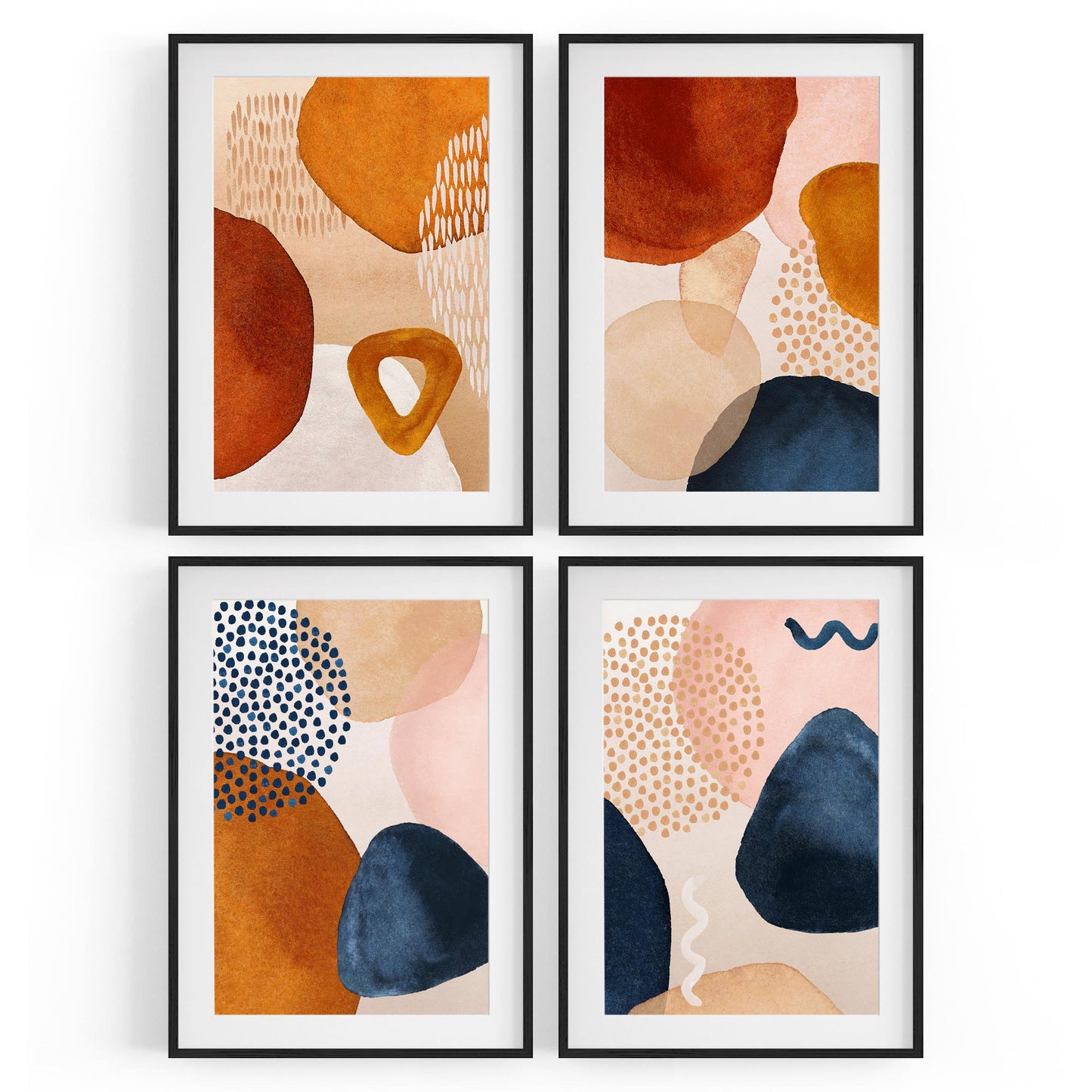 Set of 4 Abstract Painting Blue and Neutral Shapes Wall Art - The Affordable Art Company