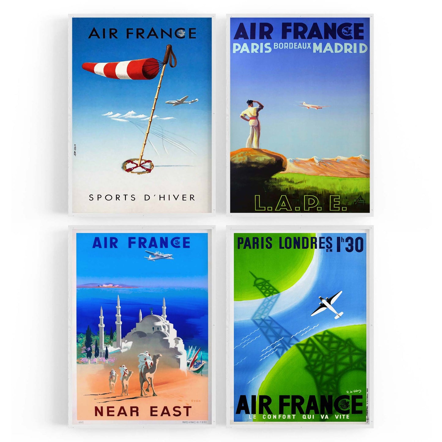 Set of 4 Vintage Air France Travel Advertisements Wall Art - The Affordable Art Company