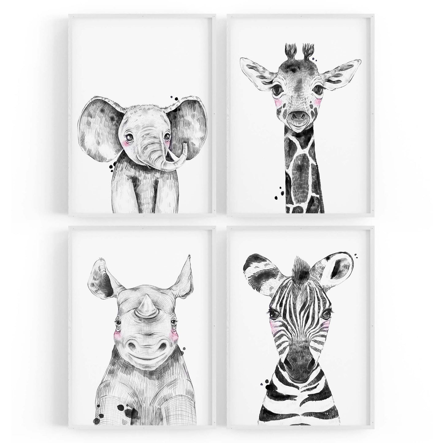 Set of 4 Cute Baby Nursery Safari Animal Drawings Wall Art - The Affordable Art Company