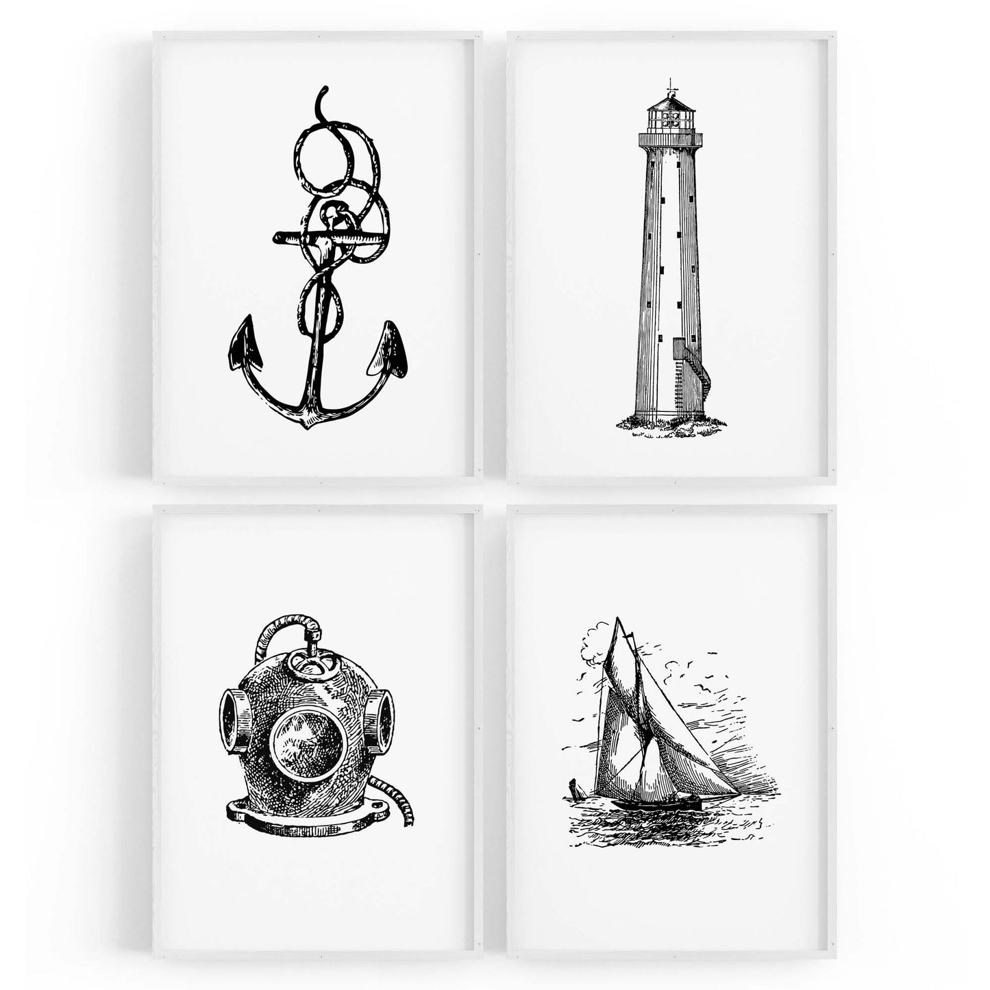 Set of 4 Nautical Drawings Coastal Style Wall Art - The Affordable Art Company
