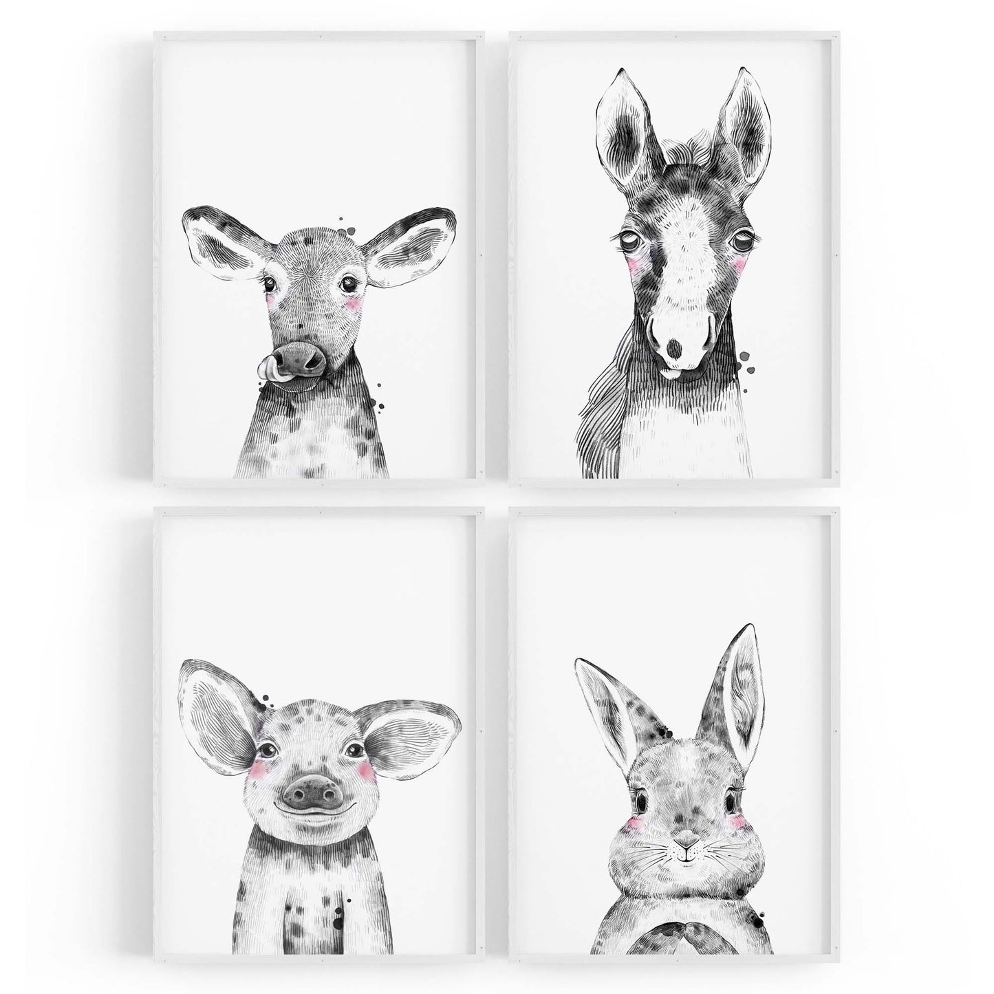 Set of 4 Cute Baby Nursery Country Farm Animal Drawings Wall Art - The Affordable Art Company